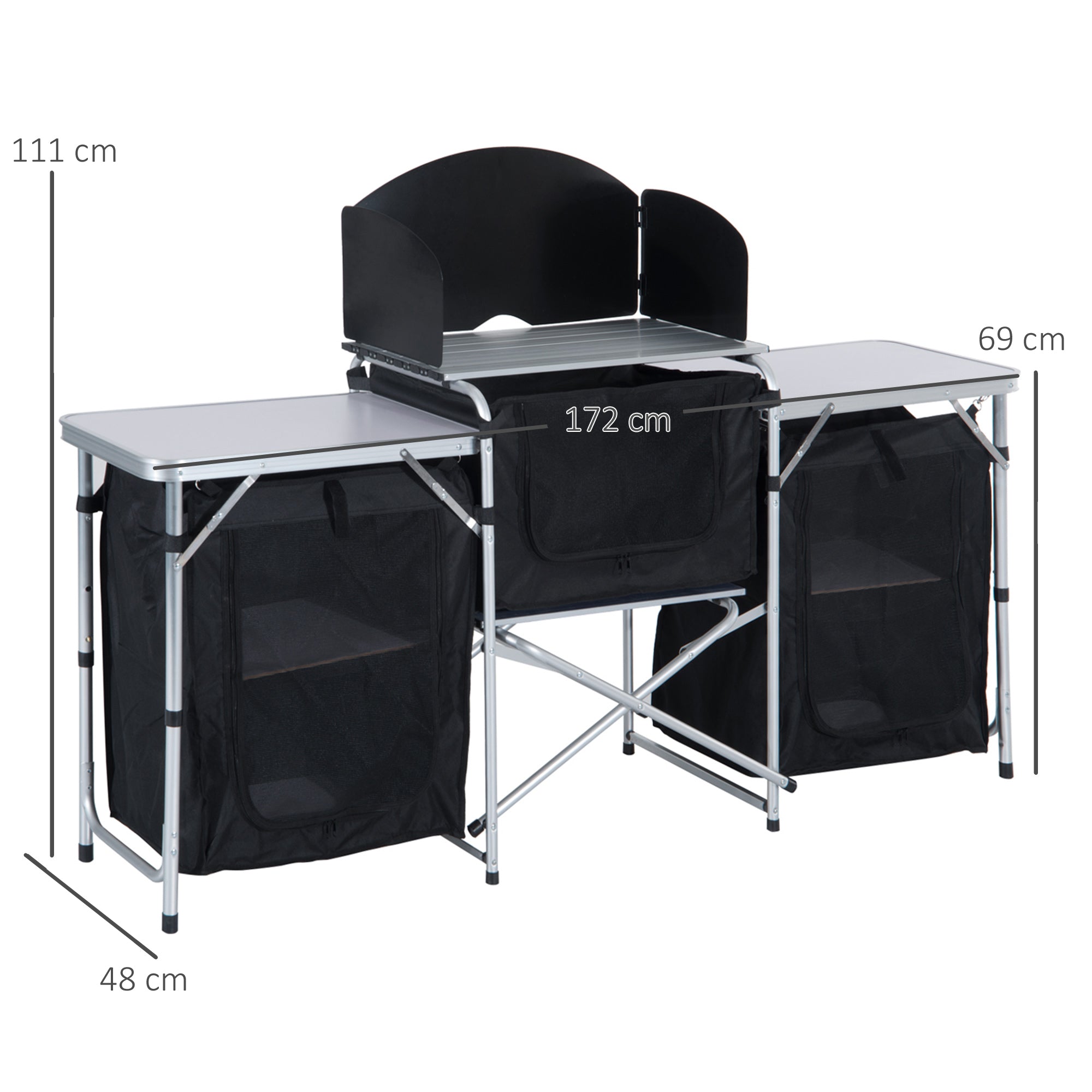 Portable Folding Camping Kitchen Table with Storage and Windscreen Grey