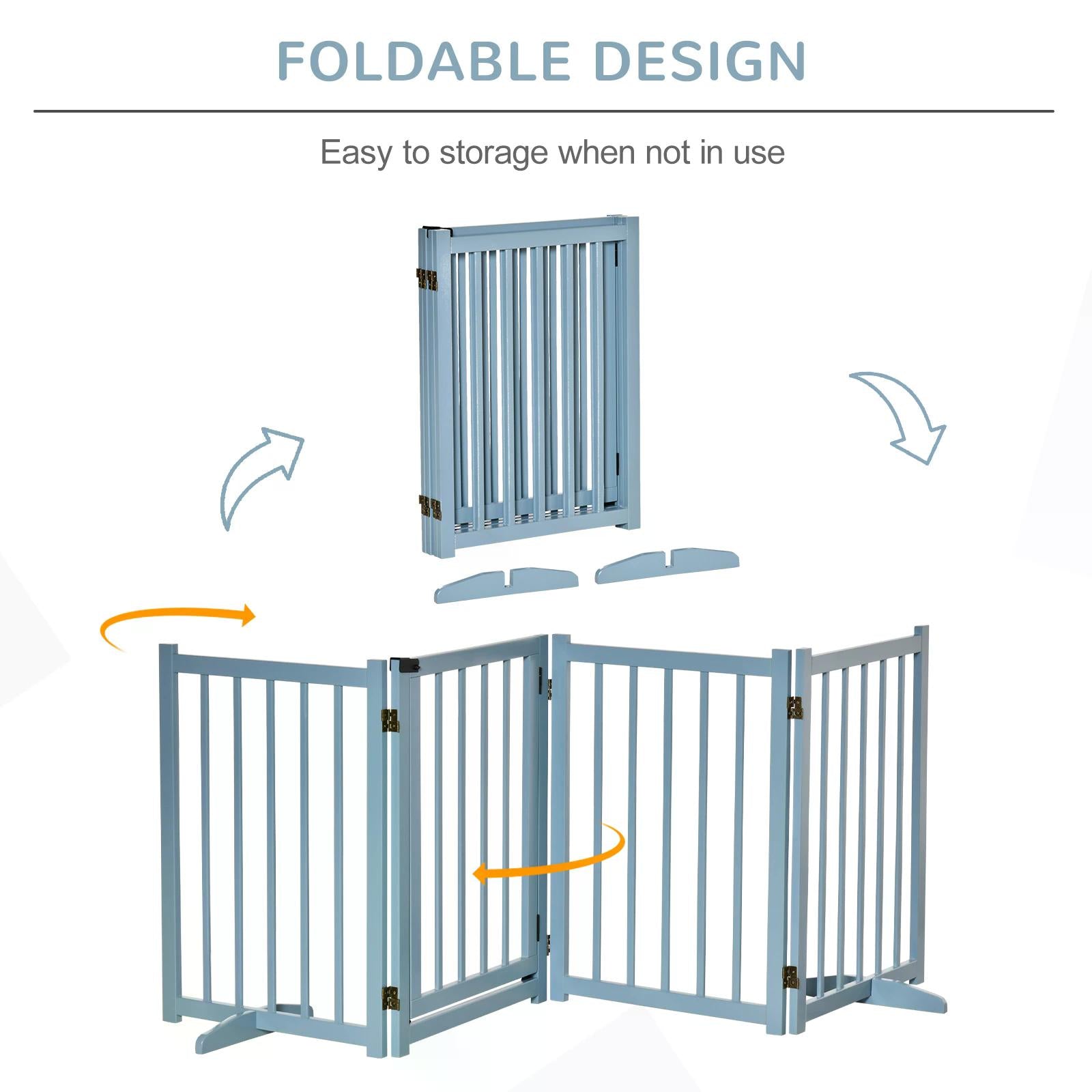 Pet Gate for Small and Medium Dogs, Freestanding Wooden Foldable Dog Safety Barrier with 4 Panels, 2 Support Feet for Doorways, Stairs, Blue