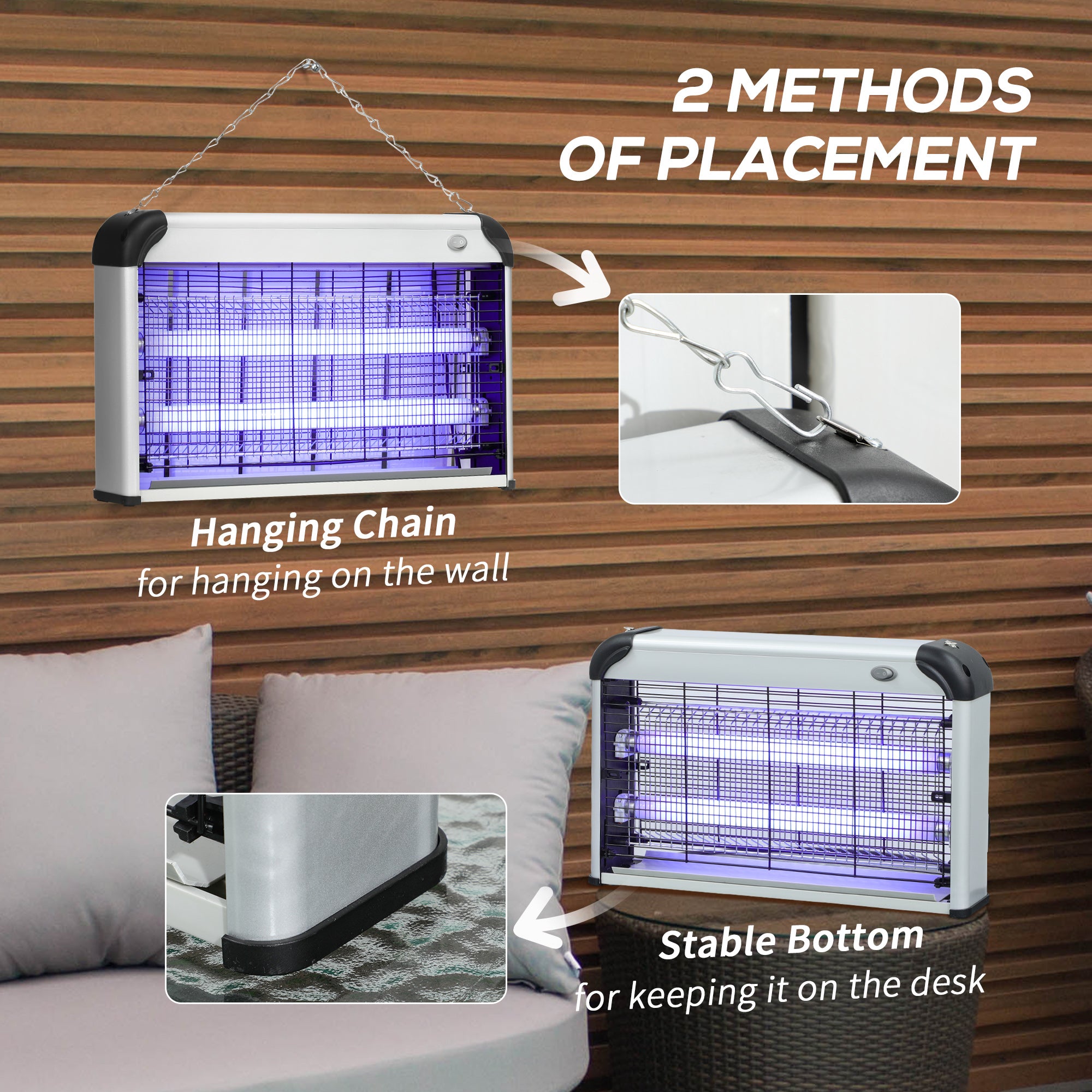 30W Electric Fly Mosquito Killer with 60m² Coverage Free Standing & Wall Hanging - Silver