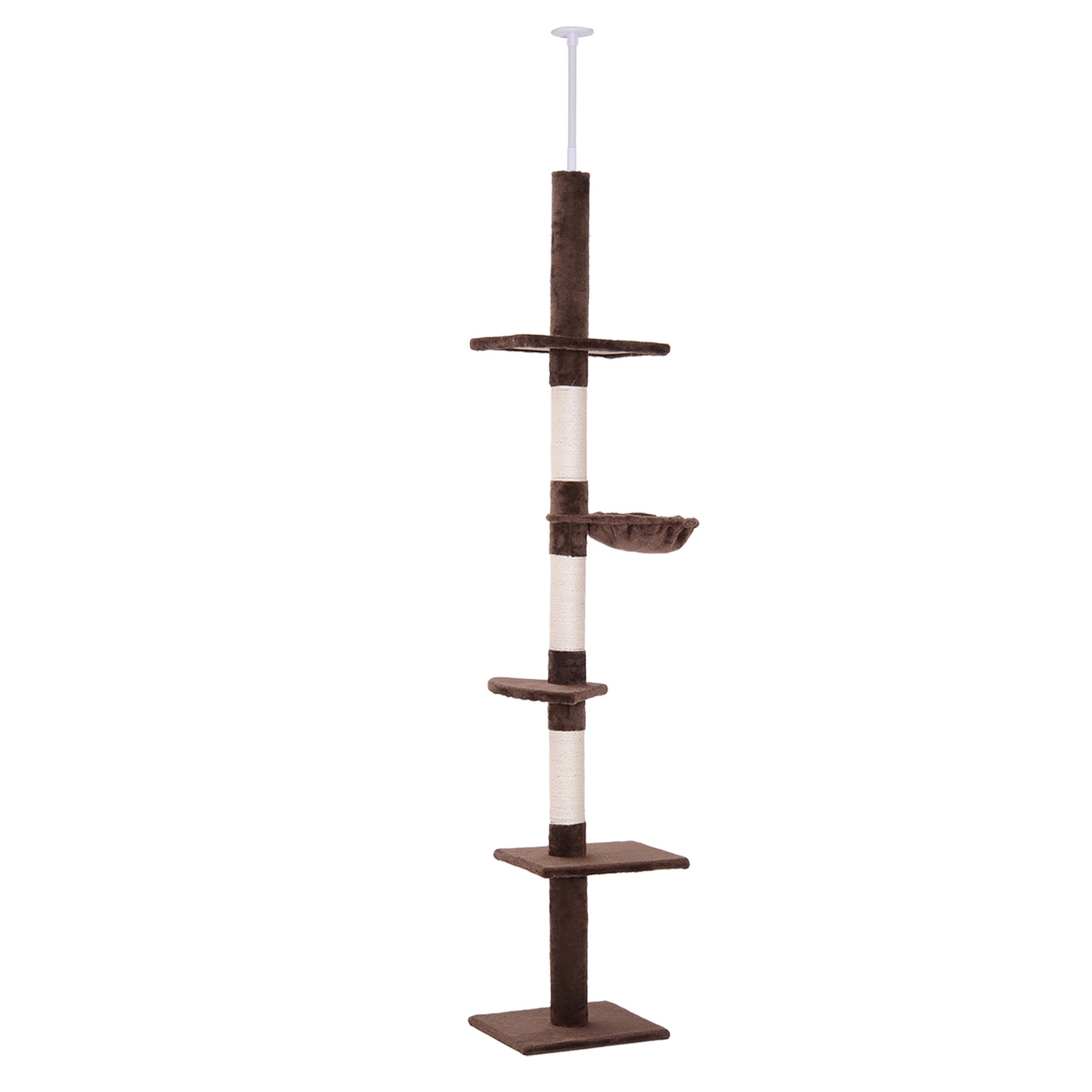 5-Tier Floor to Ceiling Cat Tree, Tall Kitty Tower Climbing Activity Center Scratching Post Adjustable Height 230-260cm, Brown