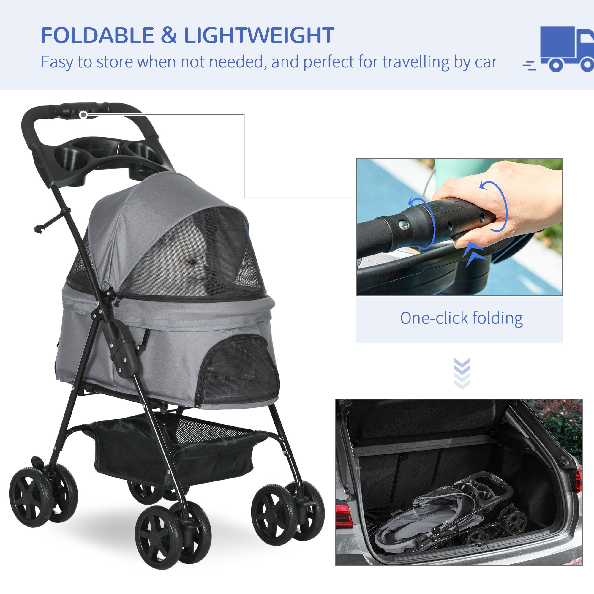 Dog Stroller w/ Rain Cover, Dog Pushchair One-Click Fold Trolley Jogger w/ Wheels, Basket, Adjustable Canopy, Safety Leash for Small Dogs, Grey