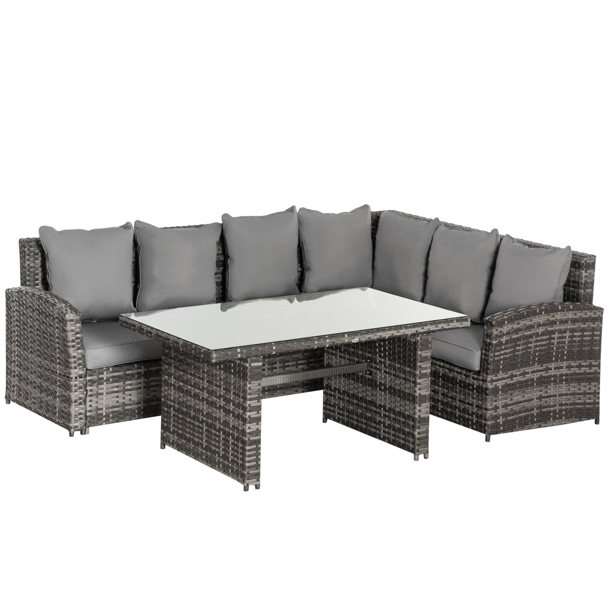 6-Seater PE Rattan Corner Dining Set Outdoor Garden Patio Sofa Table Furniture Set w/ Cushions, Grey