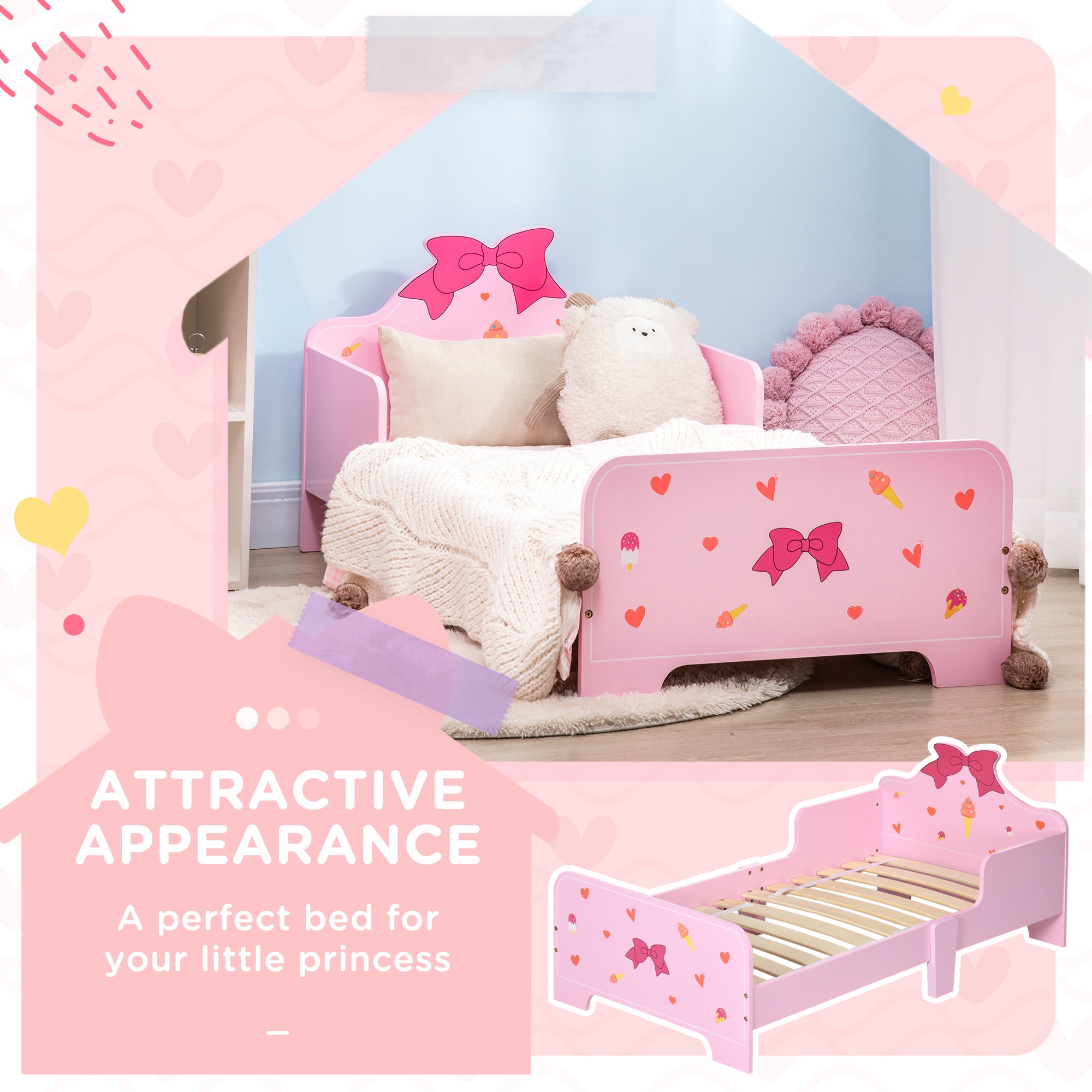 3PCs Kids Bedroom Furniture Set with Bed, Dressing Table and Stool, Princess Themed, for 3-6 Years Old, Pink