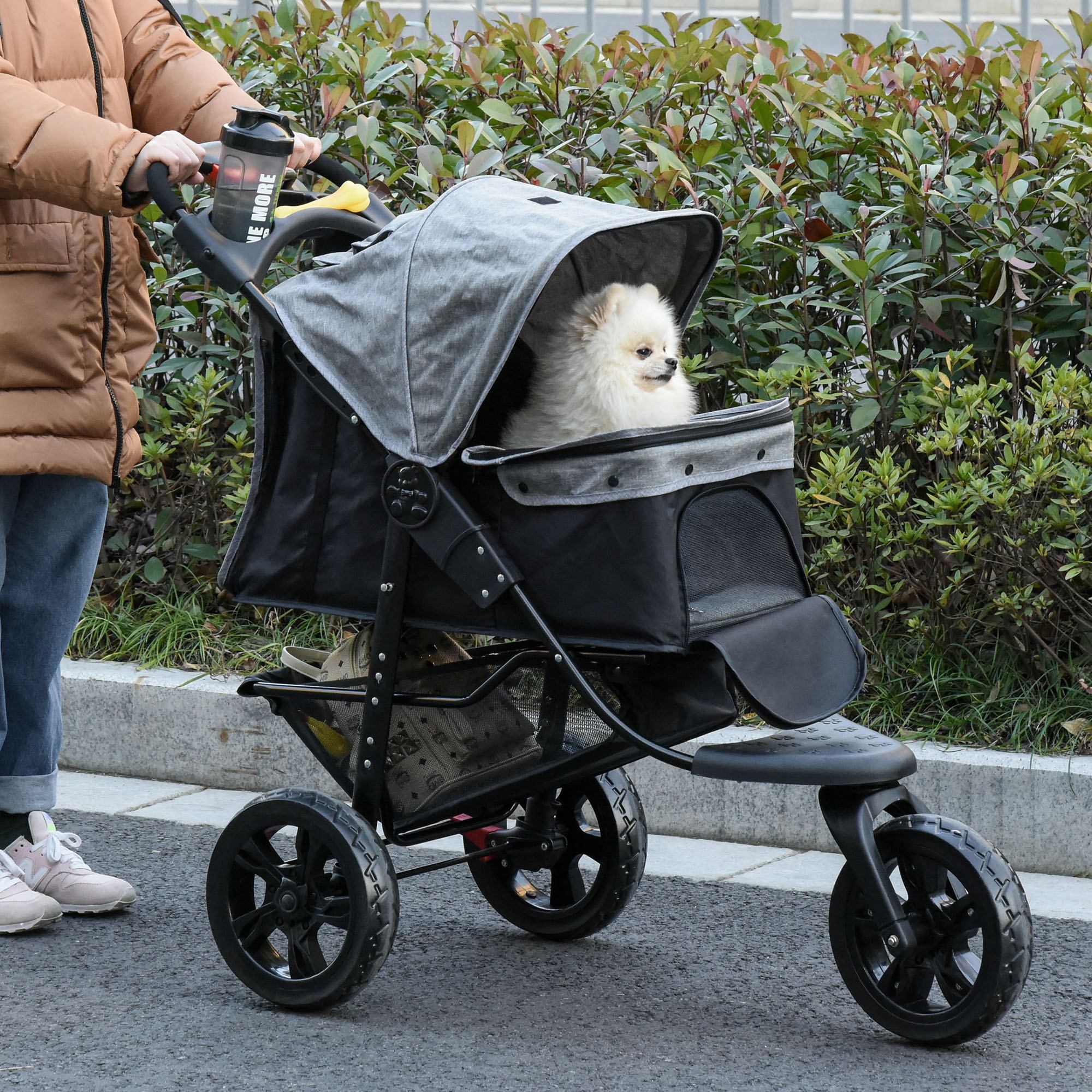 Dog Pushchair Folding Pet Stroller 3 Wheel Dog Jogger Travel Carrier Adjustable Canopy Storage Brake Mesh Window Grey