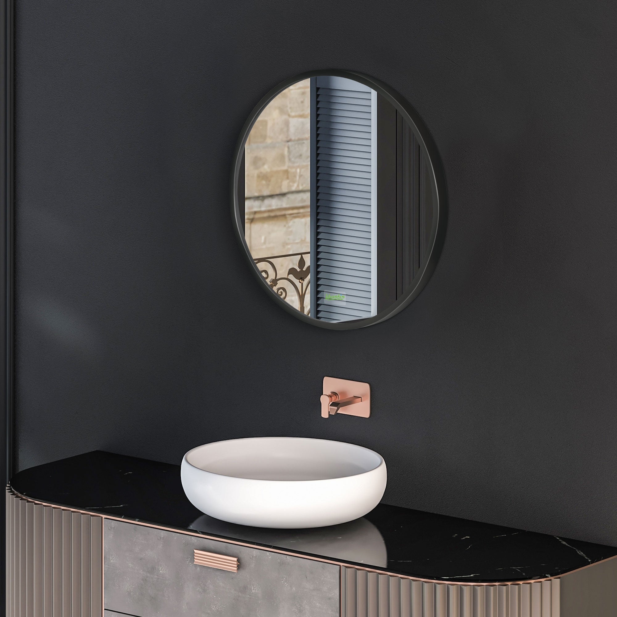 Round Bathroom Mirror, Modern Wall-mounted Makeup Mirror with Aluminium Frame for Washroom Living Room, Black, 40x40 cm