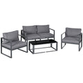 4-Piece Garden Sofa Set with 2 Armchairs, Bench & Side Table Aluminium Frame with Cushions - Grey