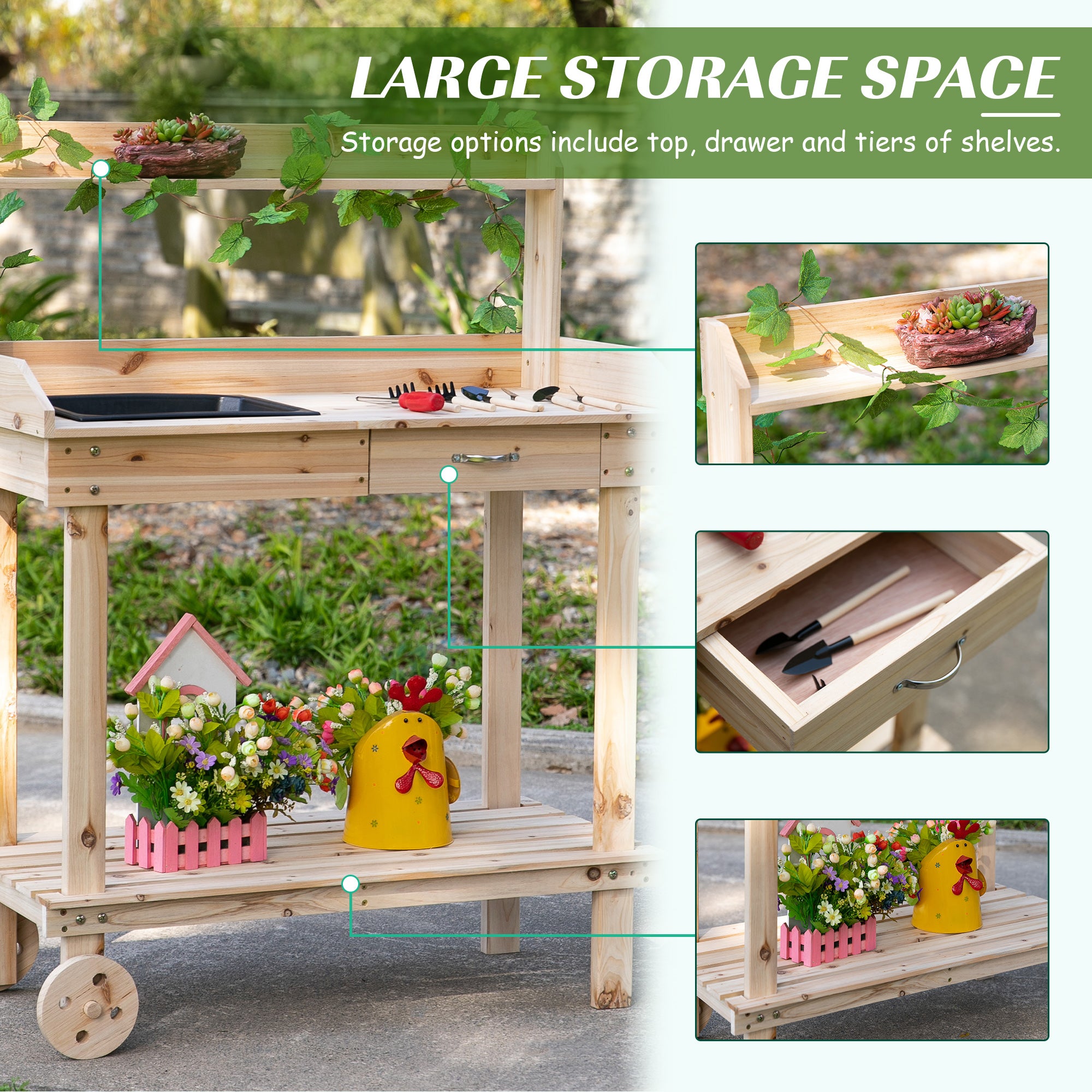 Garden Potting Bench Table, Wooden Work Station, Outdoor Planting Workbench with 2 Wheels, Sink, Drawer & Large Storage Spaces, 92x45x119cm