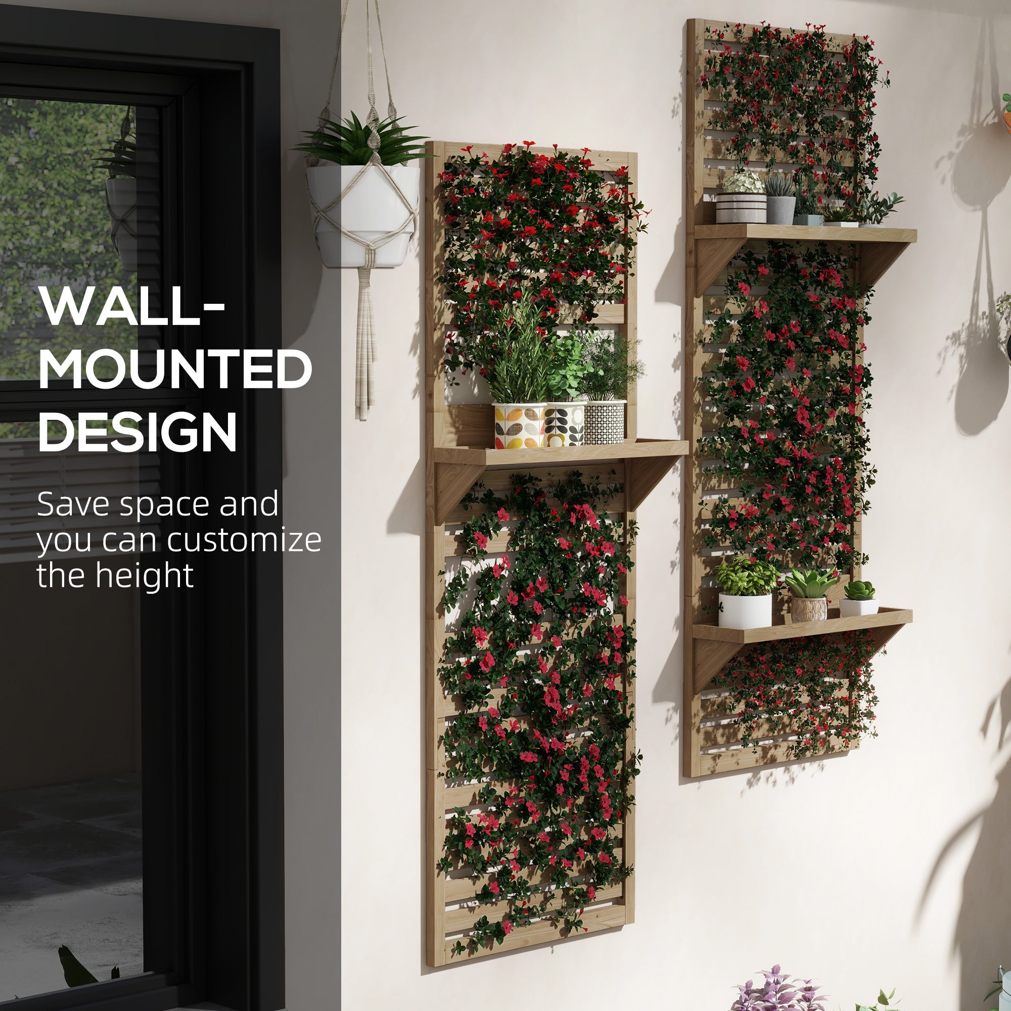 Wall Mounted Plant Stands Set of 2, Fir Wood Flower Stand with Shelves and Slatted Trellis for Patio, Balcony, Porch