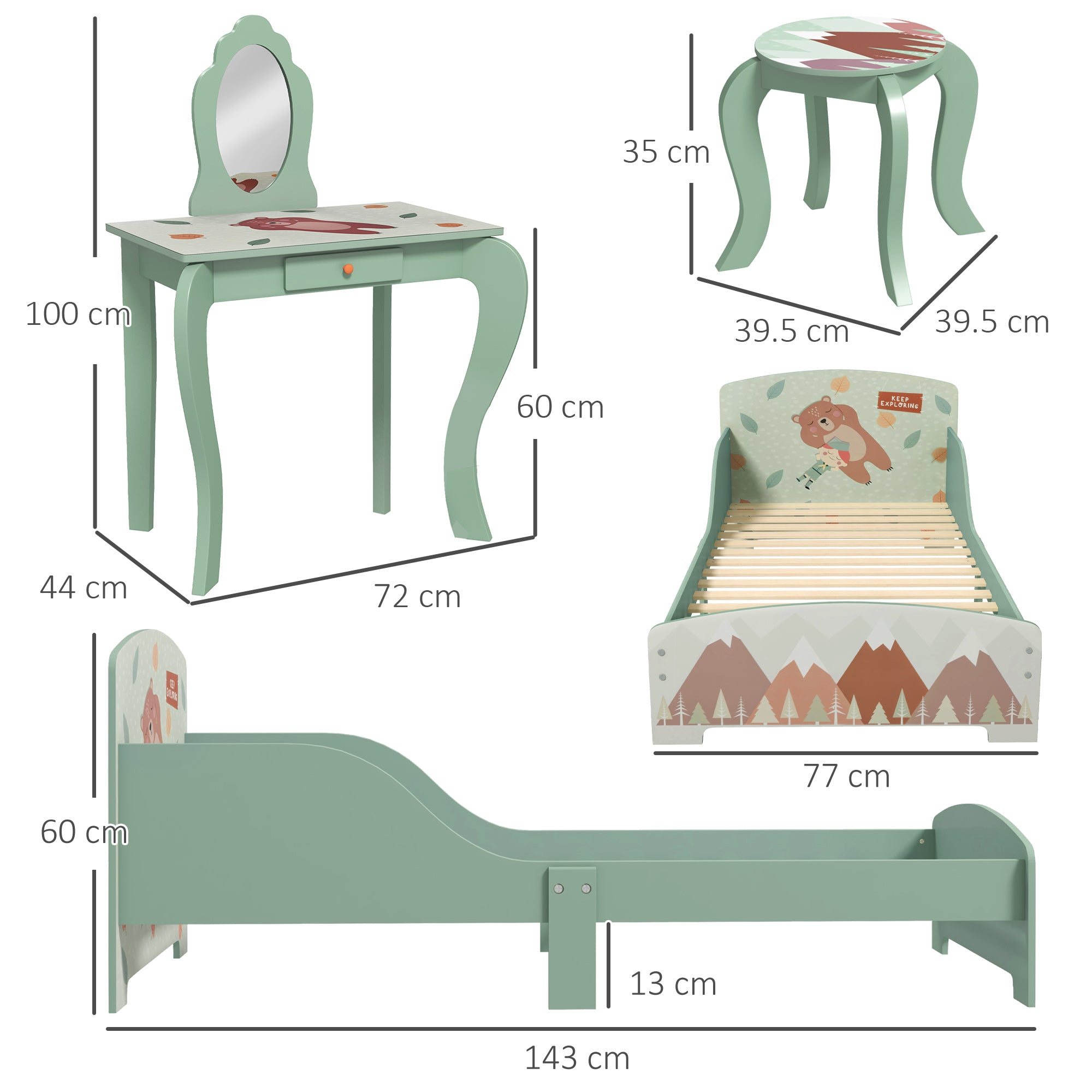 Toddler Bed Frame, Kids Dressing Table with Mirror and Stool, Cute Animal Design Kids Bedroom Furniture Set for Ages 3-6 Years, Green