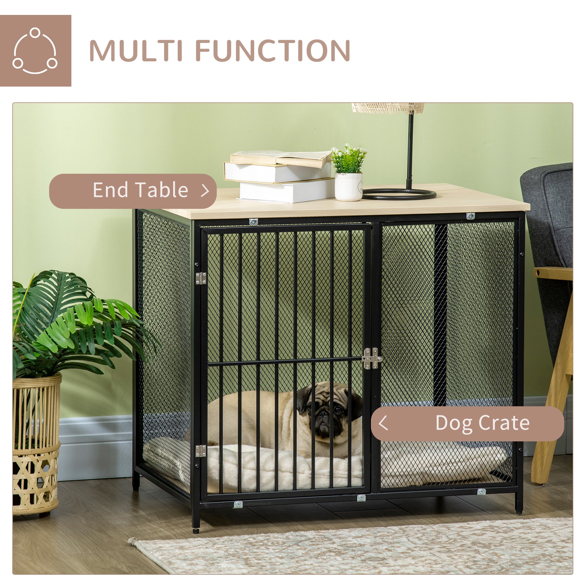 Dog Crate Furniture Side End Table with Soft Washable Cushion, Indoor Dog Kennel with Wire Mesh Wall, Wooden Top, for Medium Small Dogs