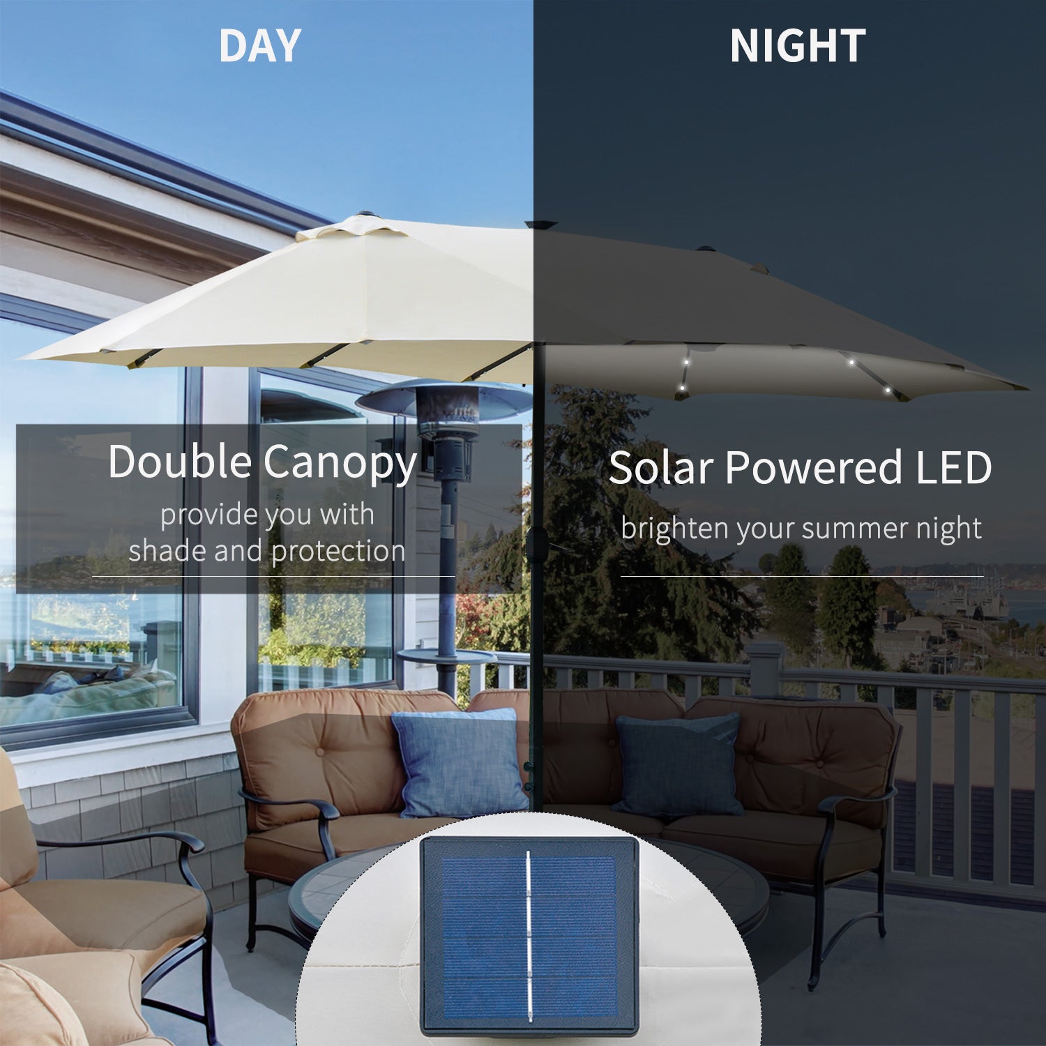 4.4m Double-Sided Garden Parasol with LED Solar Lights - Cream White