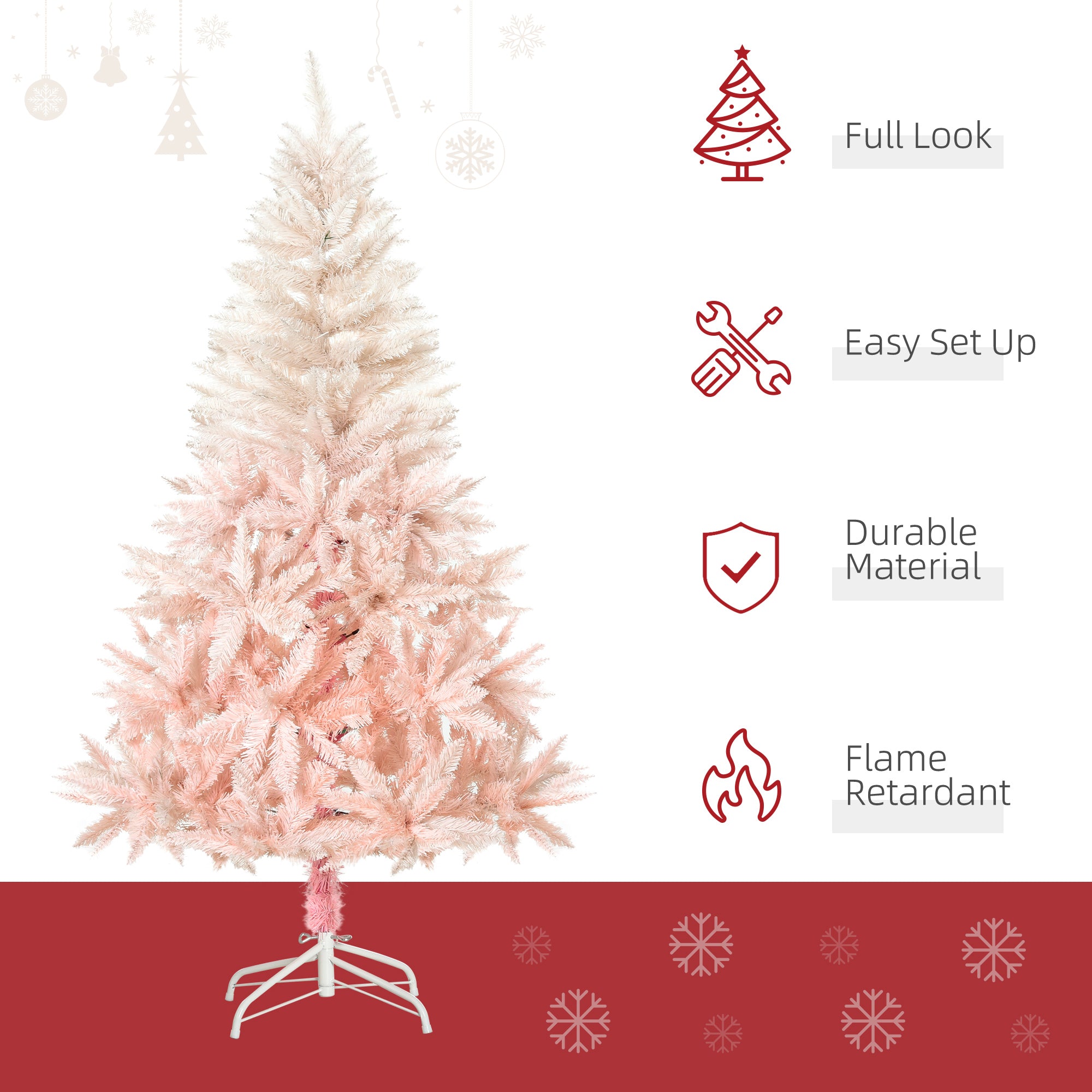 5ft Artificial Christmas Tree Holiday Home Decoration with Metal Stand, Automatic Open, White and Pink