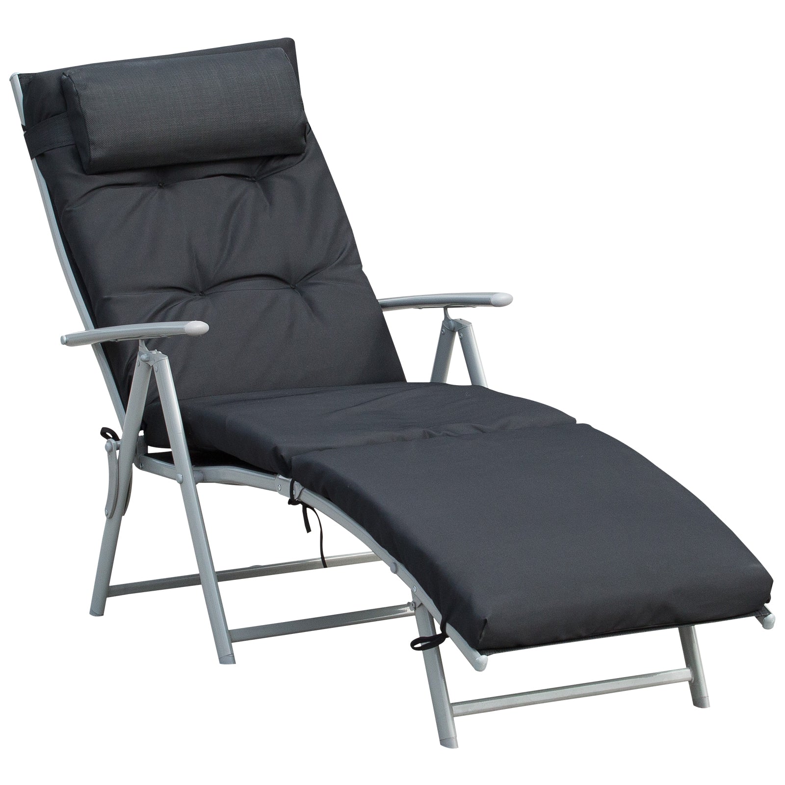 Outdoor Patio Sun Lounger Garden Texteline Foldable Reclining Chair Pillow Adjustable Recliner with Cushion - Black