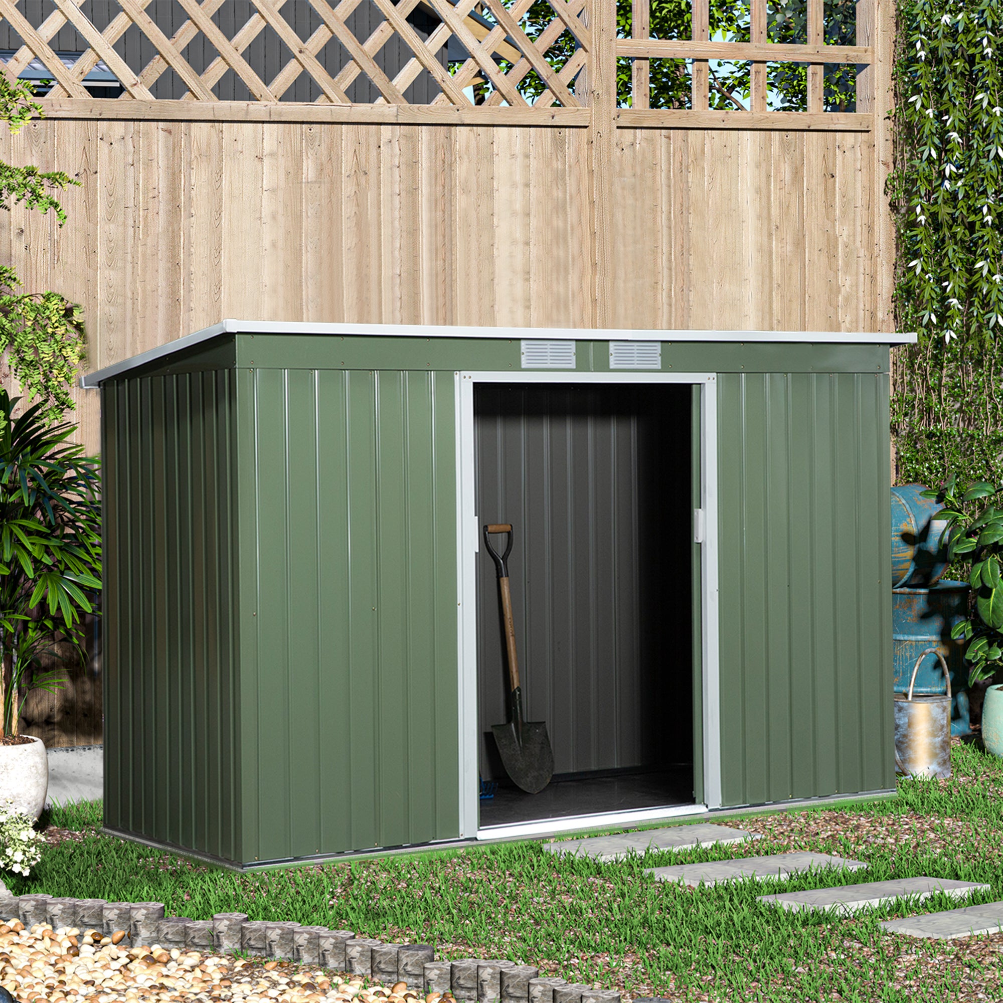 9 x 4.5 ft Pent Roof Metal Garden Storage Shed Corrugated Steel Tool Box with Foundation Ventilation & Doors, Light Green