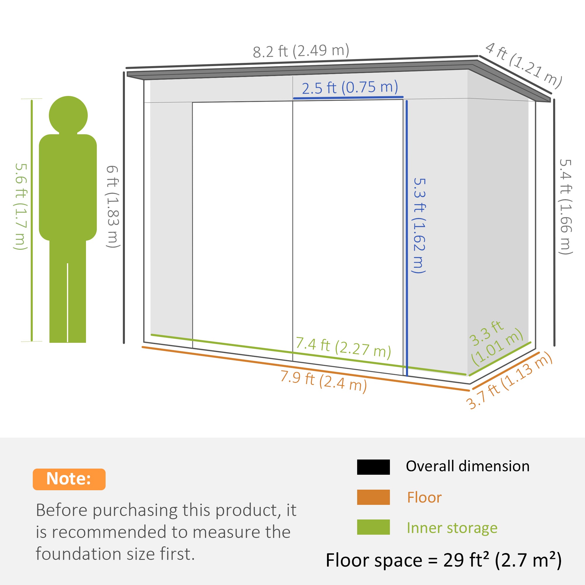 8 x 4FT Galvanised Garden Storage Shed, Metal Outdoor Shed with Double Doors and 2 Vents, Grey