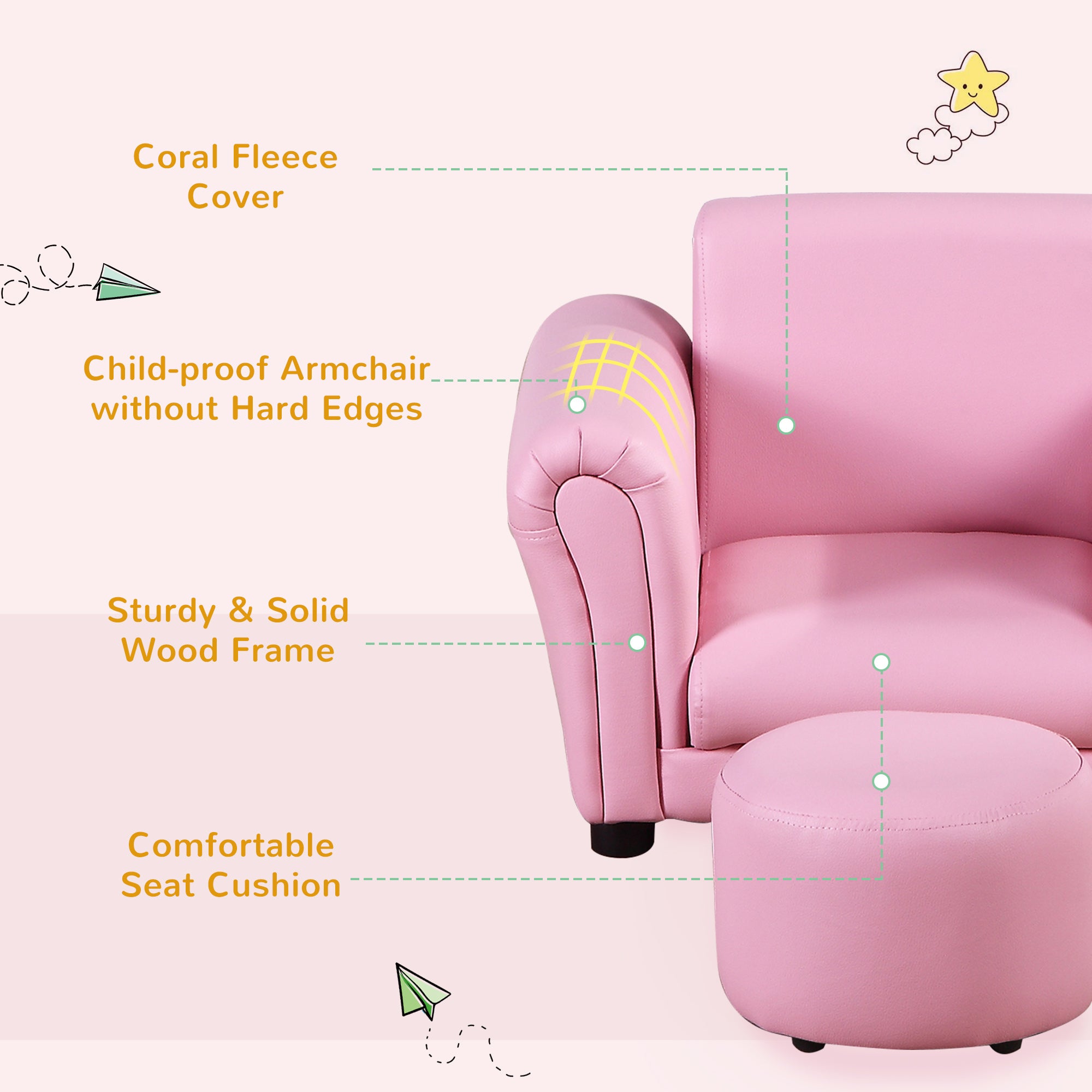 Toddler Chair Single Seater Kids Sofa Set Children Couch Seating Game Chair Seat Armchair w/ Free Footstool (Pink)