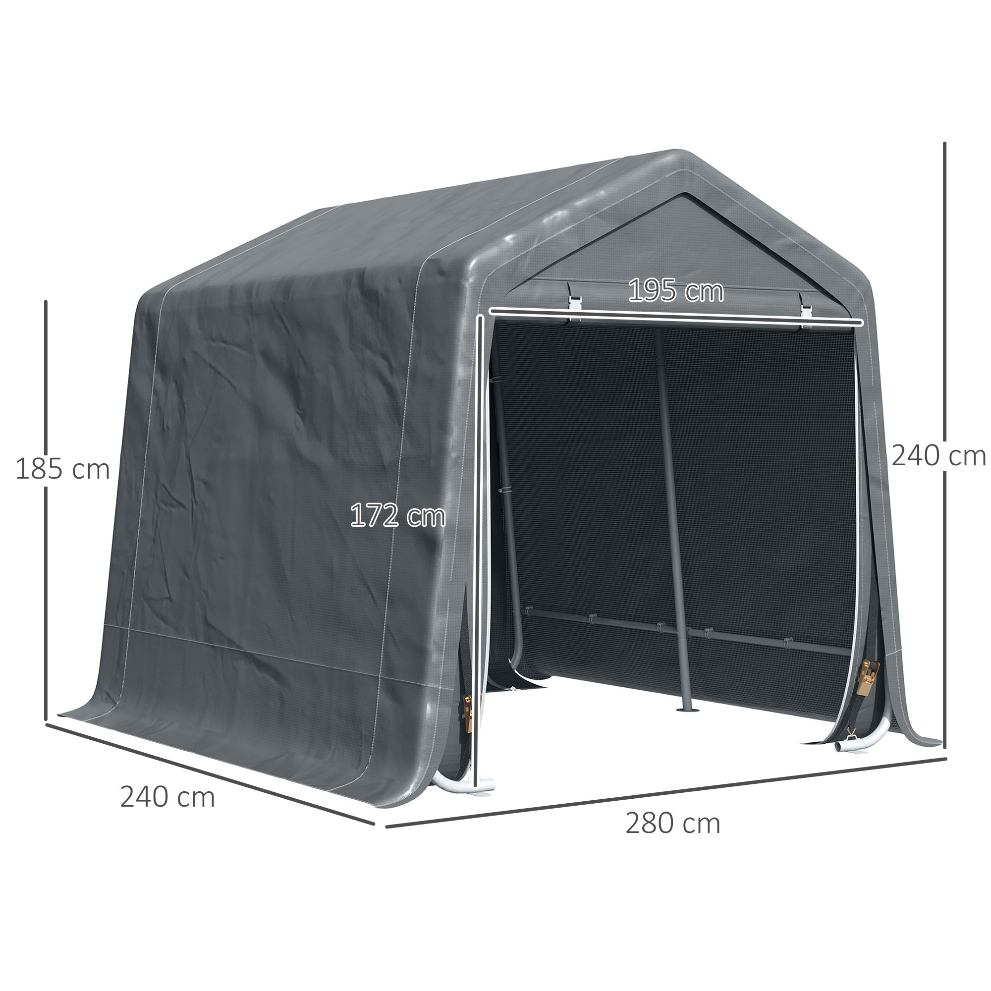 Garden Storage Tent, Heavy Duty Bike Shed, Patio Storage Shelter w/ Metal Frame and Double Zipper Doors, 2.8m x 2.4m x 2.4m, Dark Grey