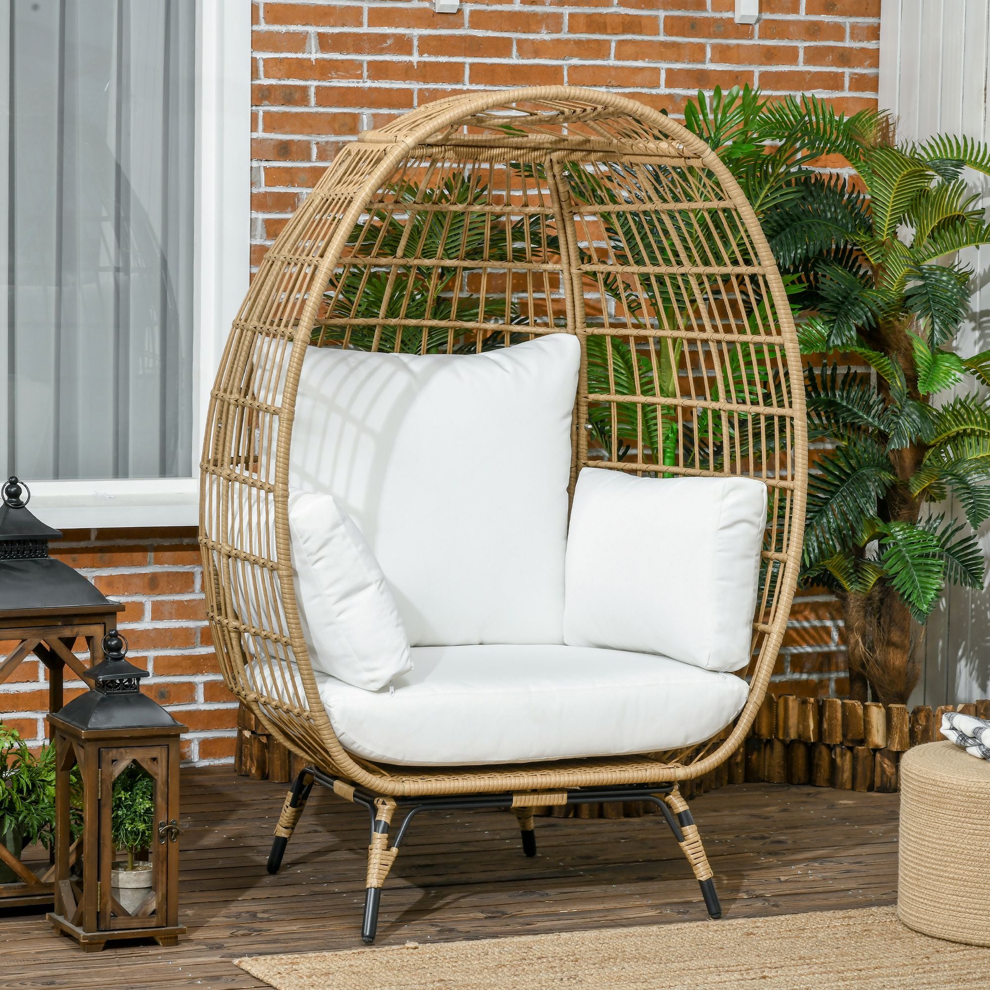 1 Seater PE Rattan Outdoor Egg Chair with Padded Cushions - Khaki