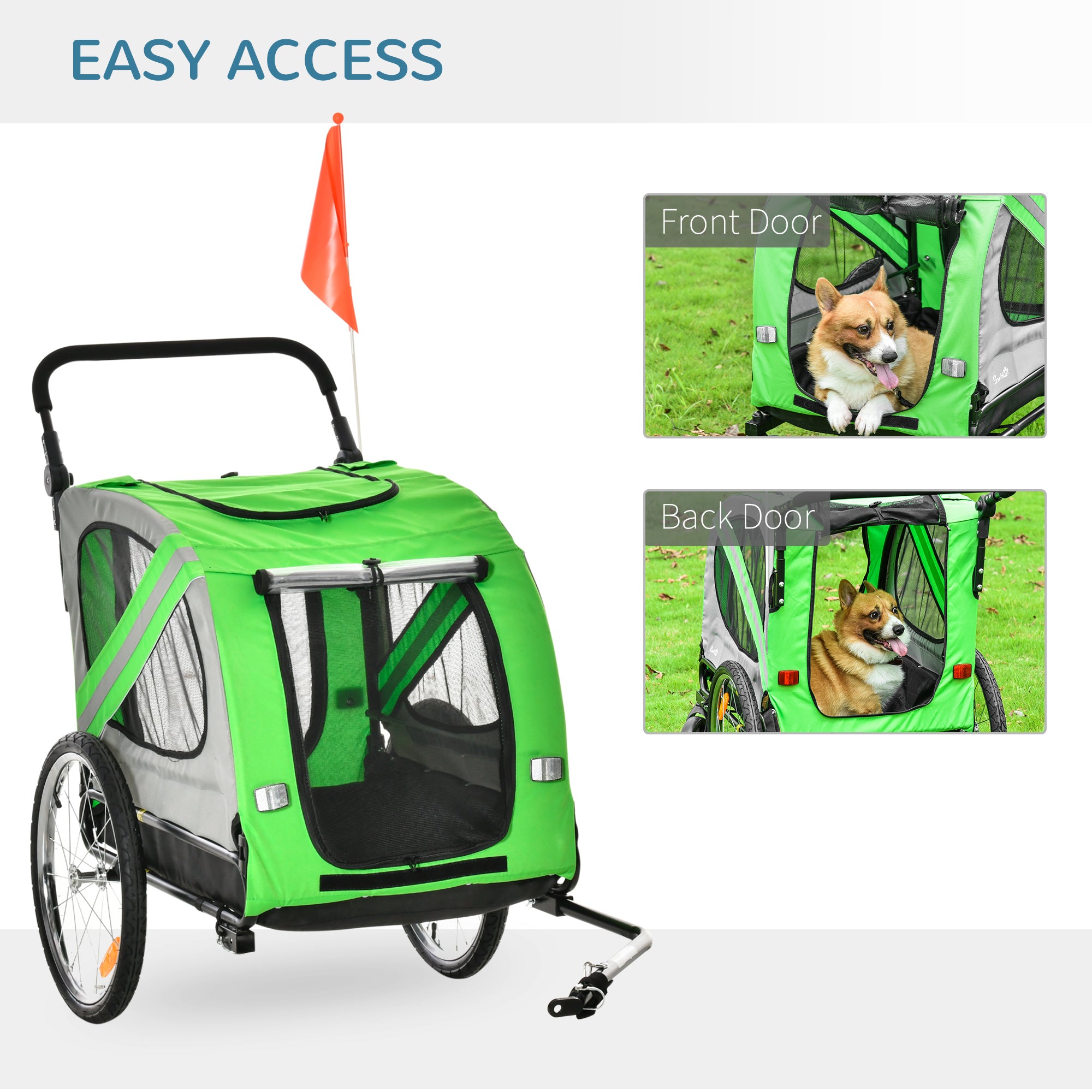 Dog Bike Trailer 2-in-1 Pet Stroller Cart Bicycle Carrier Attachment for Travel in steel frame with Universal Wheel Reflectors Flag Green