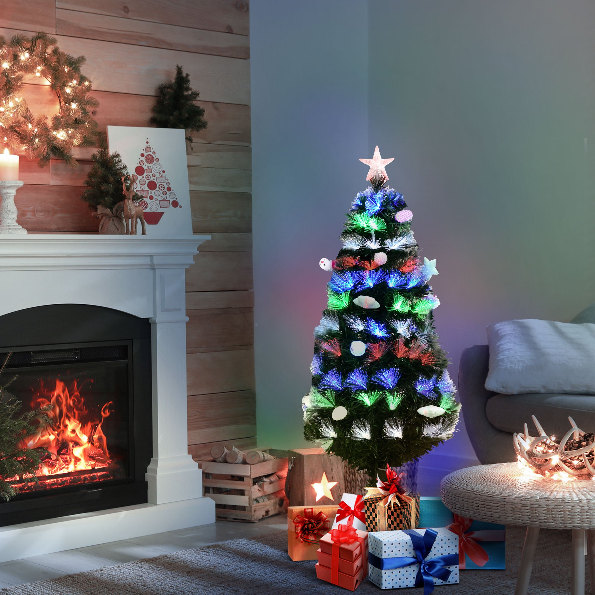 4FT Pre-Lit Artificial Christmas Tree w/ Fibre Optic Baubles Fitted Star LED Light Holiday Home Xmas Decoration-Green