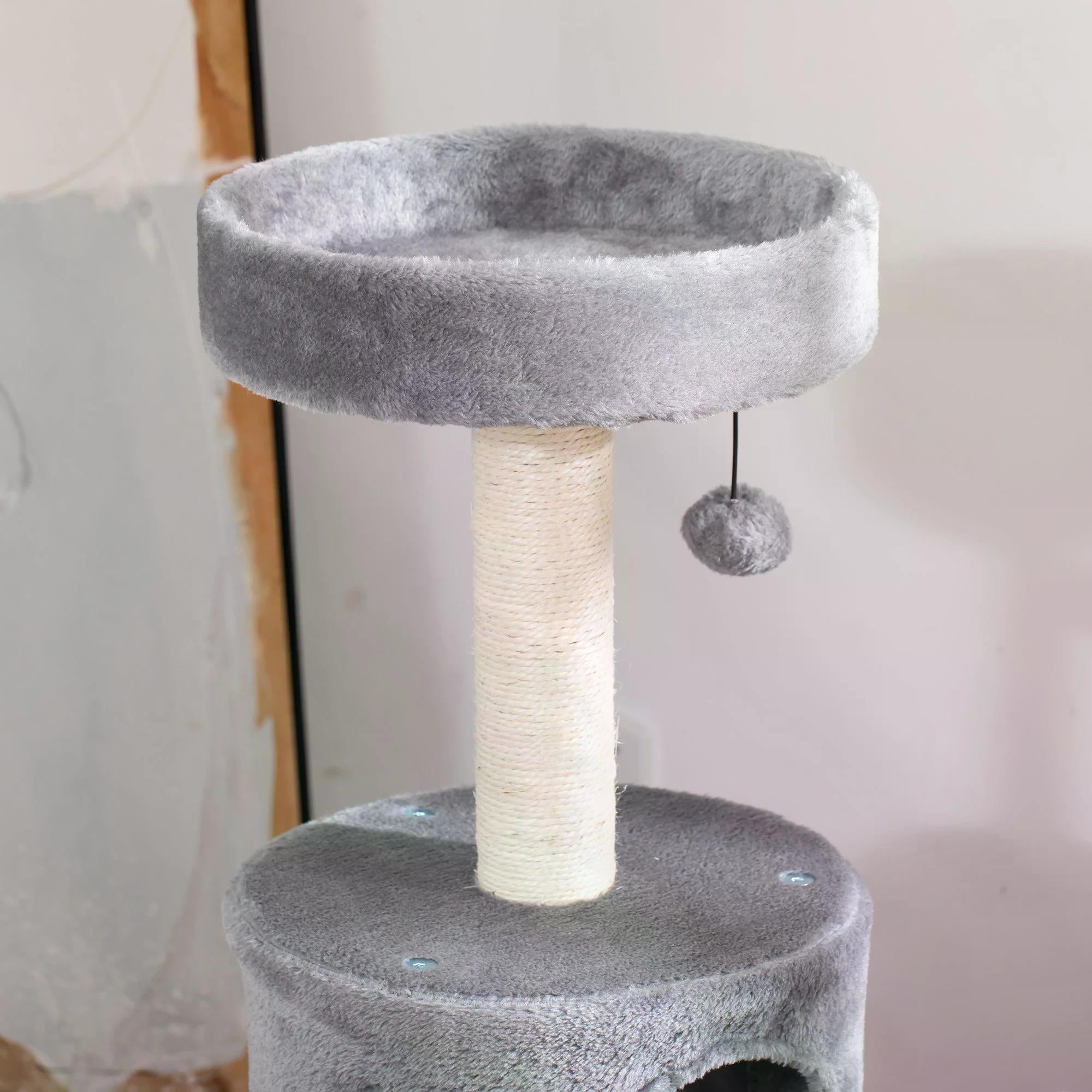 Cat Tree Tower Climbing Activity Center Kitten Furniture with Jute Scratching Post Bed Tunnel Perch Hanging Balls Grey