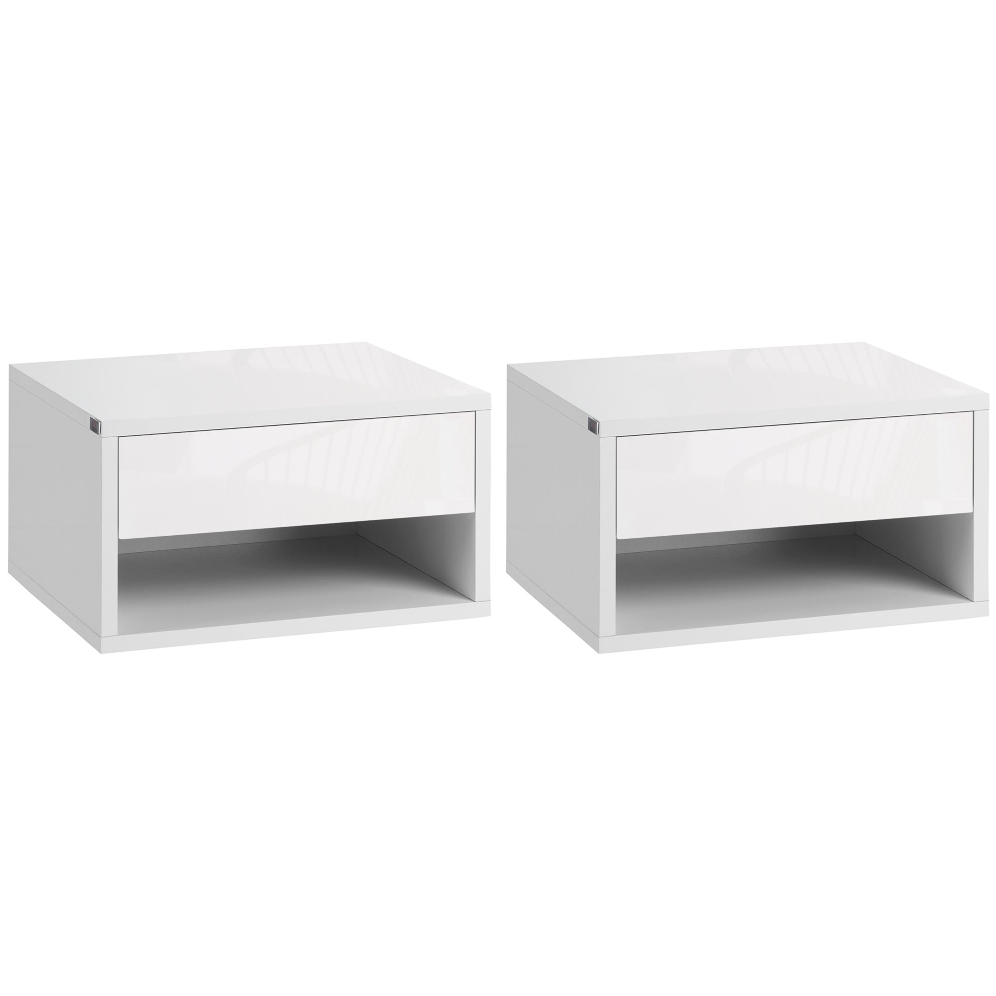 2 Pieces Bedside Table Wall Mounted Nightstand with Drawer and Shelf for Bedroom, 37 x 32 x 21cm, High Gloss White