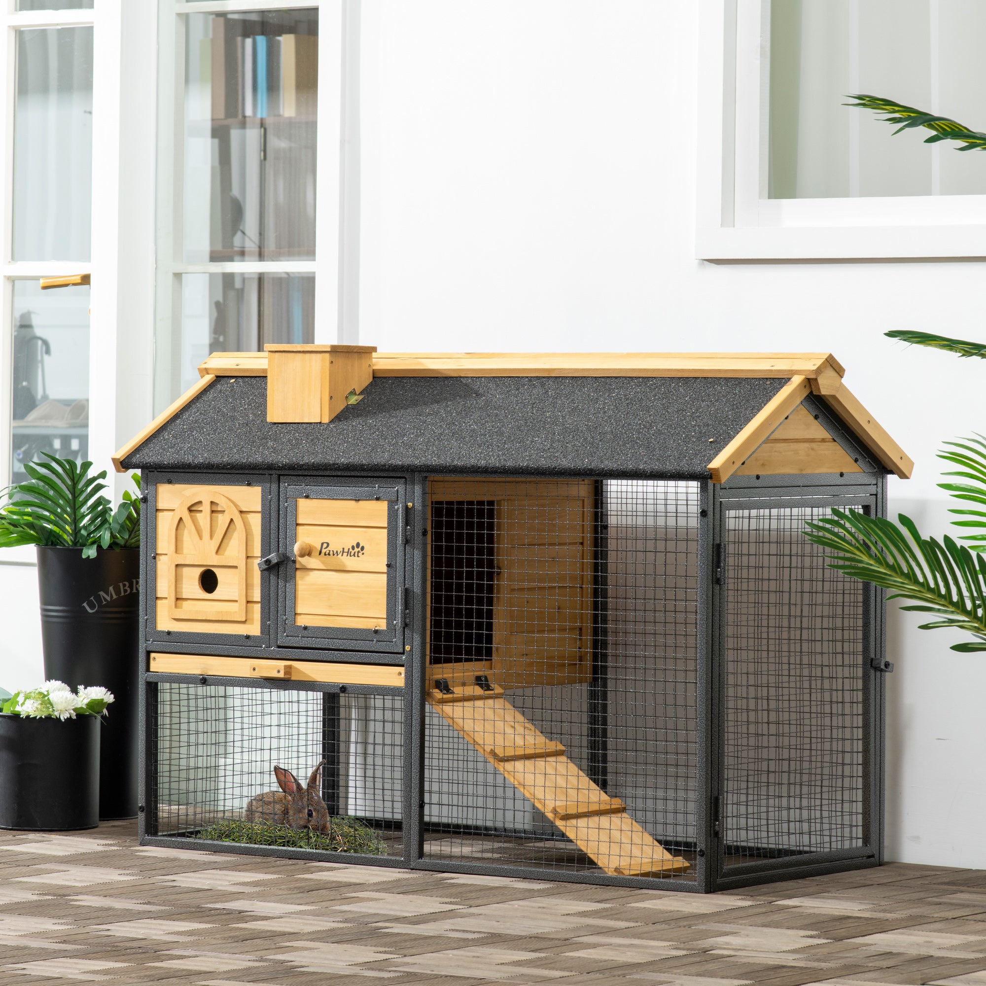 Rabbit Hutch Outdoor Bunny Cage with Run, Removable Tray, Ramp, Small Animal House, 120 x 55.5 x 80 cm