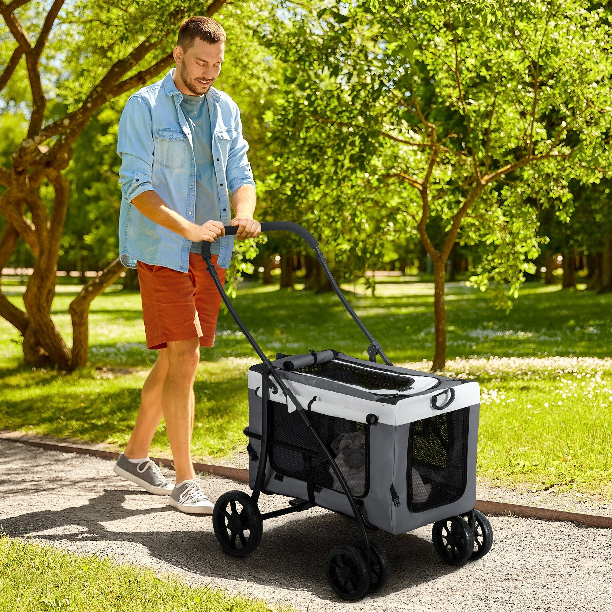 Foldable Dog Stroller, Pet Travel Crate, with Detachable Carrier, Soft Padding, for Mini, Small Dogs - Grey