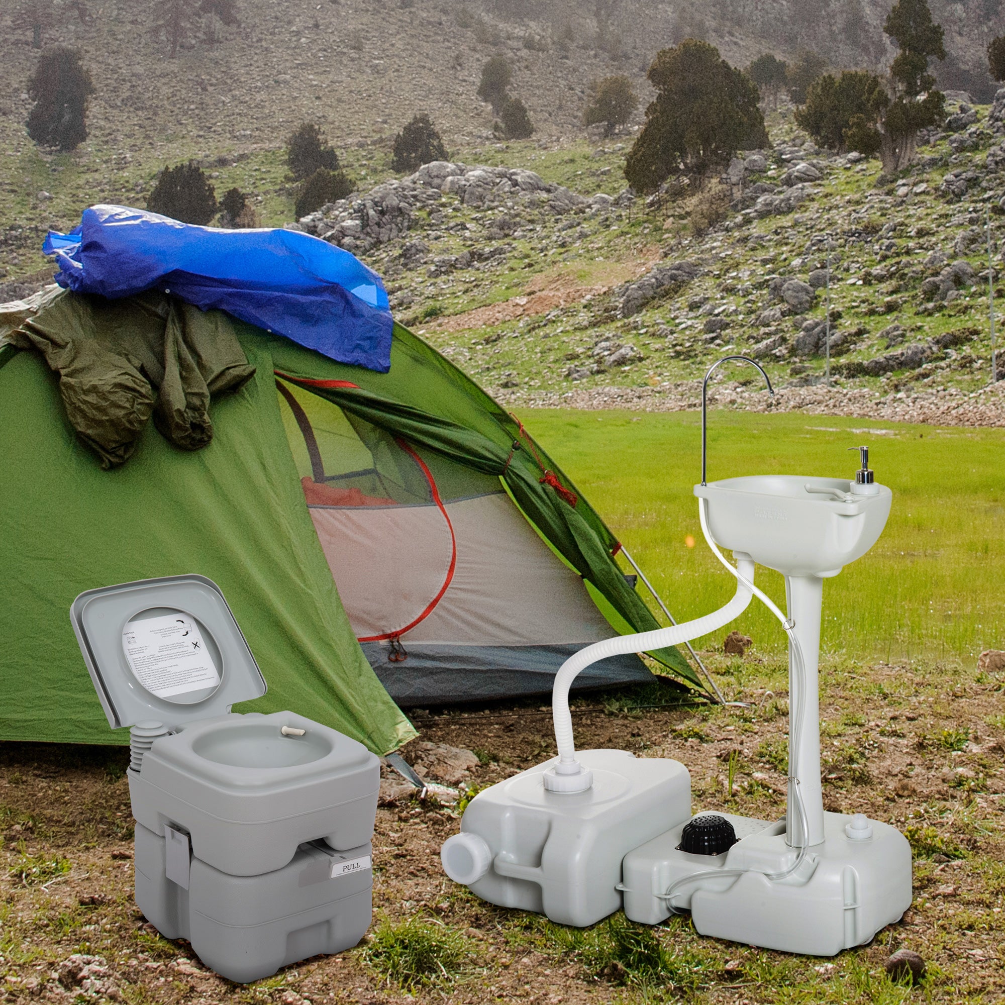 Portable Toilet and Camping Sink Set with Fresh and Waste Tank, Wastewater Recycled Set for Outdoor Events