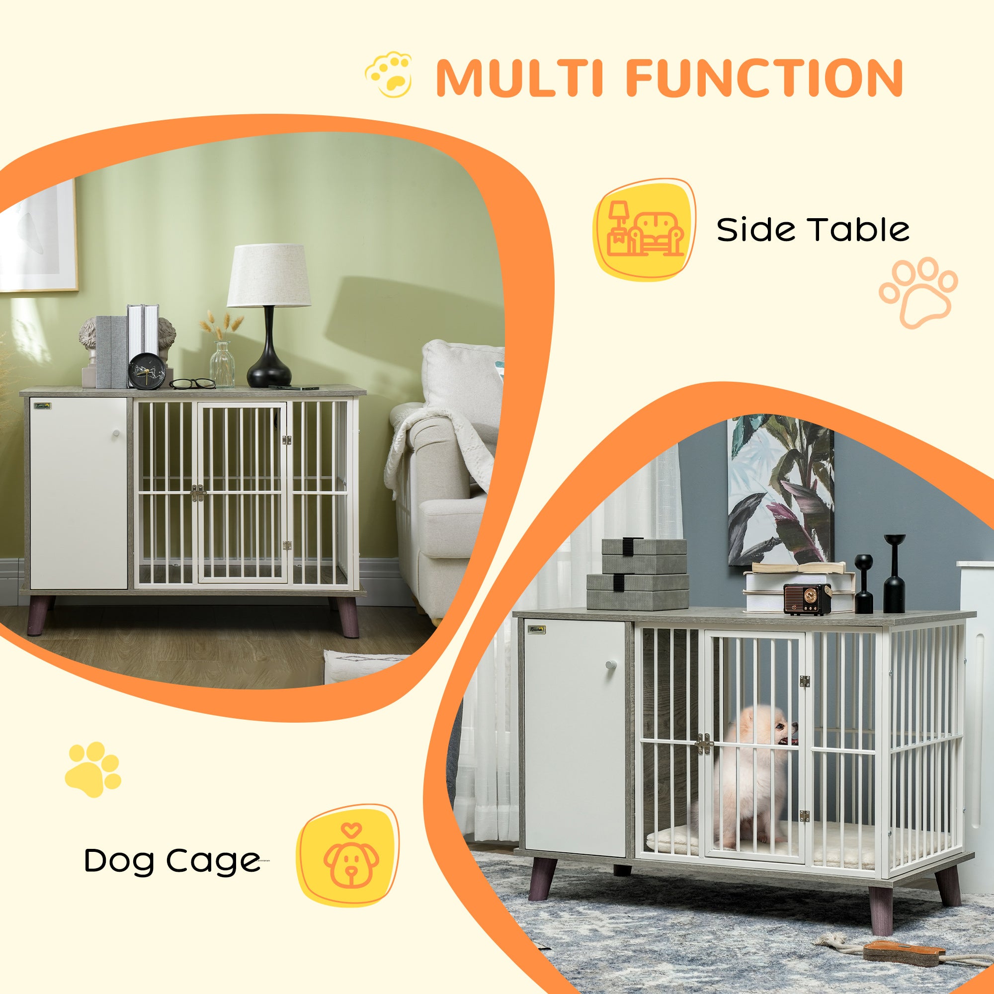 Dog Crate Furniture, Indoor Pet Kennel Cage, Top End Table w/ Soft Cushion, Lockable Door, for Small Dogs, 98 x 48 x 70.5 cm - Grey