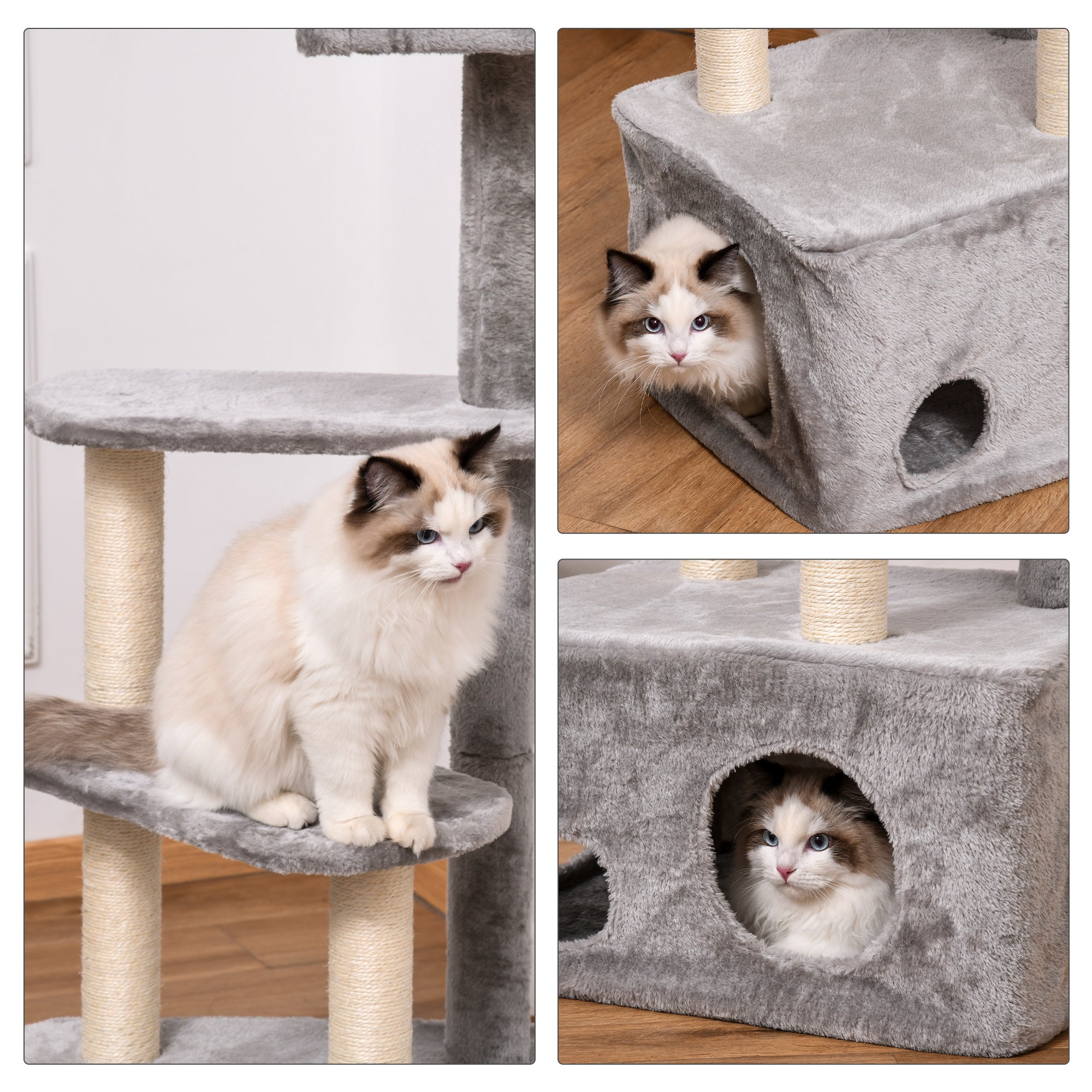 Cat Tree Kitten Tower 4-level Activity Centre Pet Furniture with Sisal Scratching Post Condo Plush Perches Hanging Ball Toys Grey