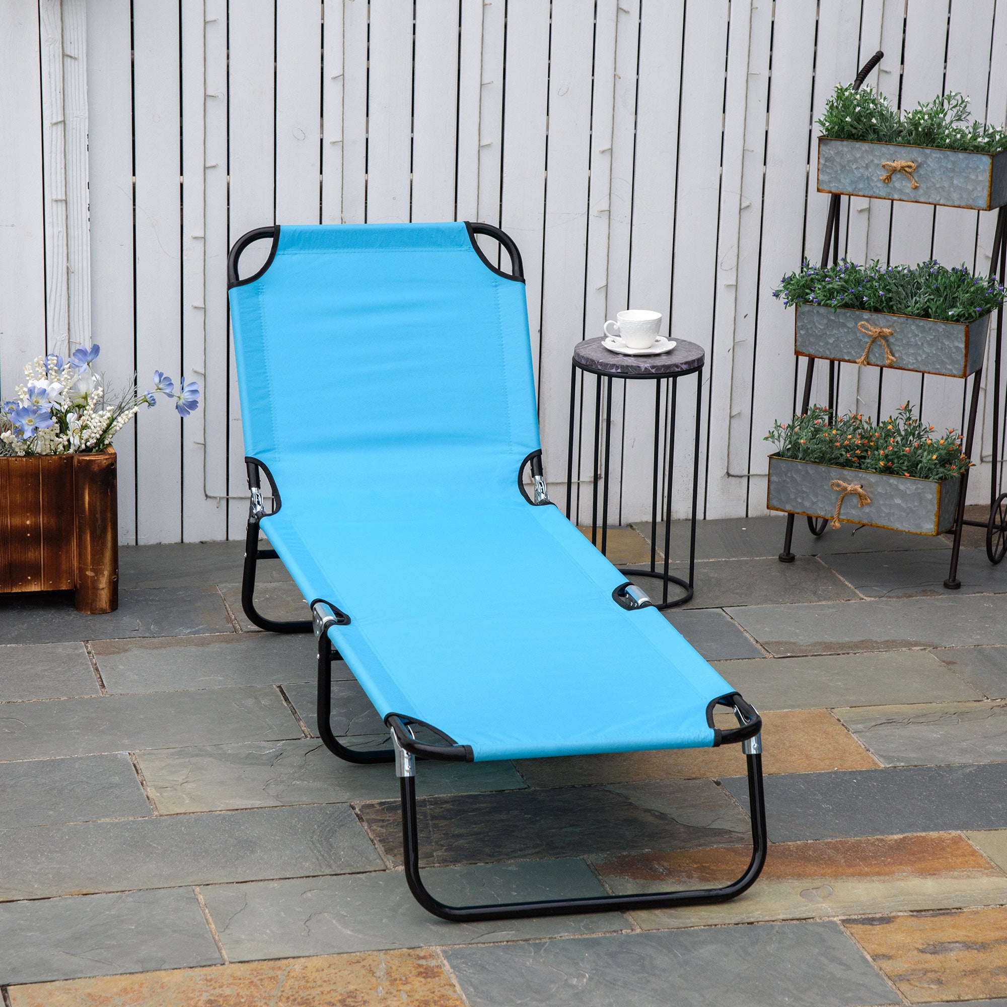 Folding Chaise Lounge Pool Chairs, Outdoor Sun Tanning Chairs, Reclining Back, Steel Frame & Breathable Mesh, Sky Blue