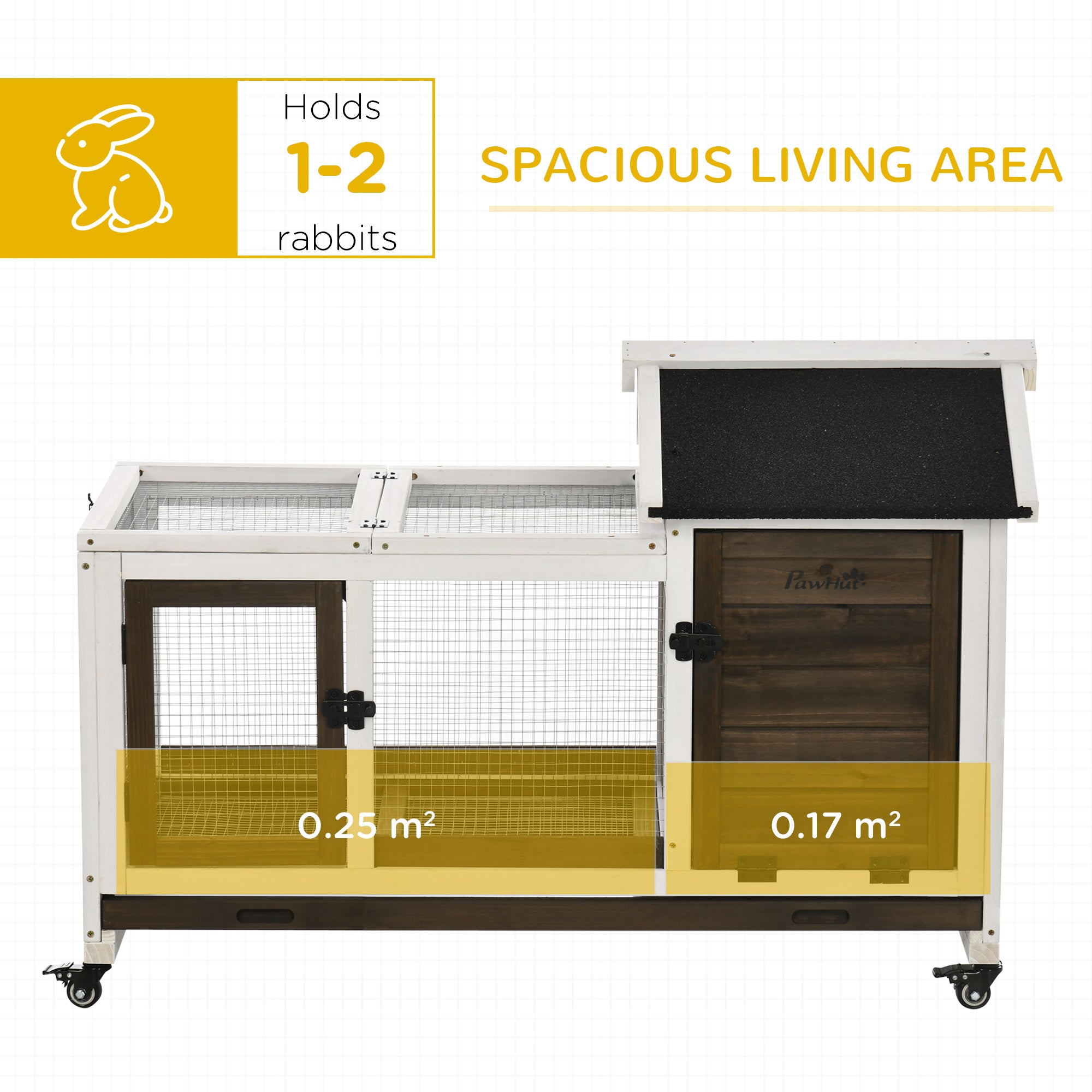 Wooden Rabbit Hutch with Wheels, Guinea Pig Cage, Small Animal House for Outdoor & Indoor with Slide-out Tray, 108 x 58 x 73.5cm, Coffee