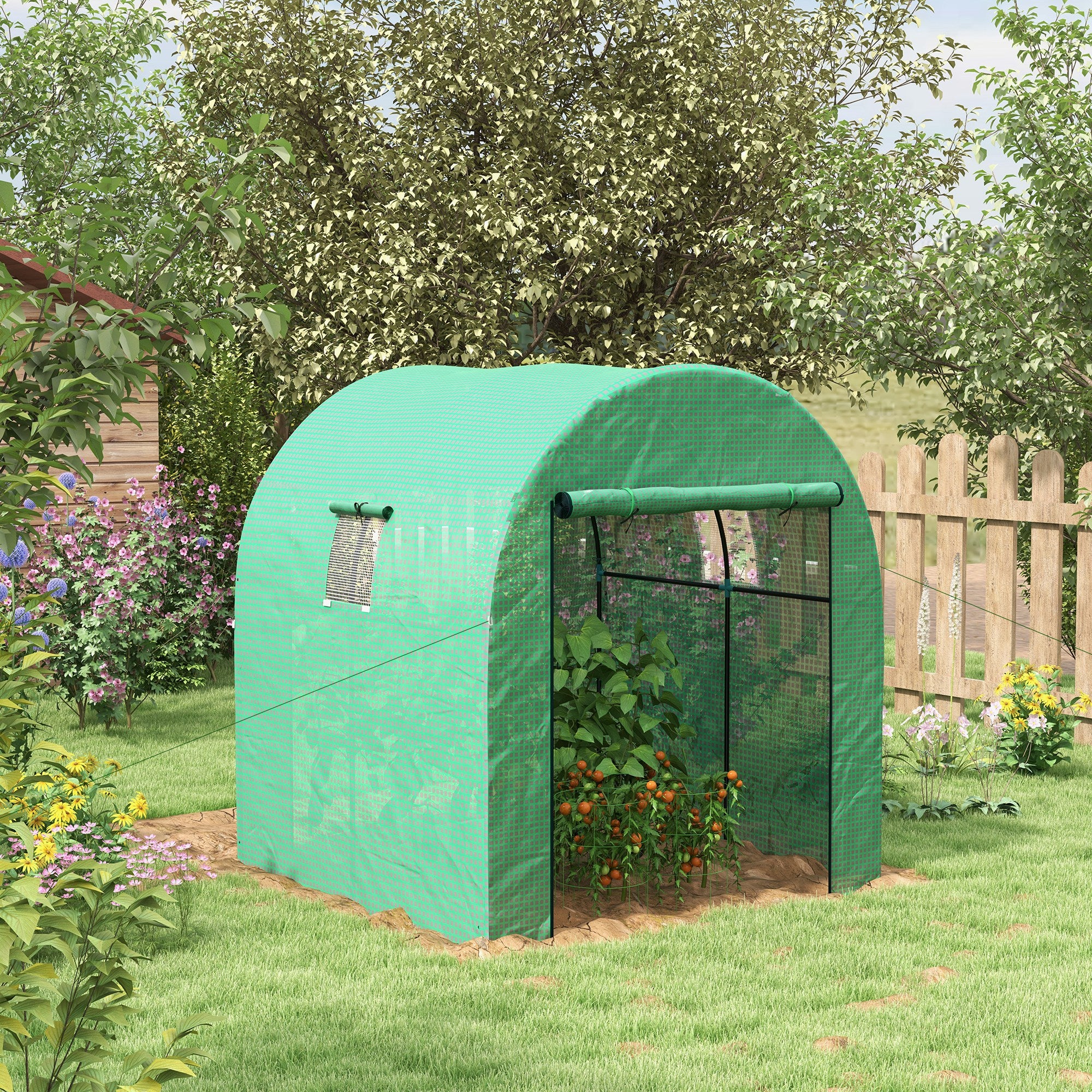 Polytunnel Greenhouse Walk-in Grow House with UV-resistant PE Cover, Doors and Mesh Windows, 1.8 x 1.8 x 2m, Green