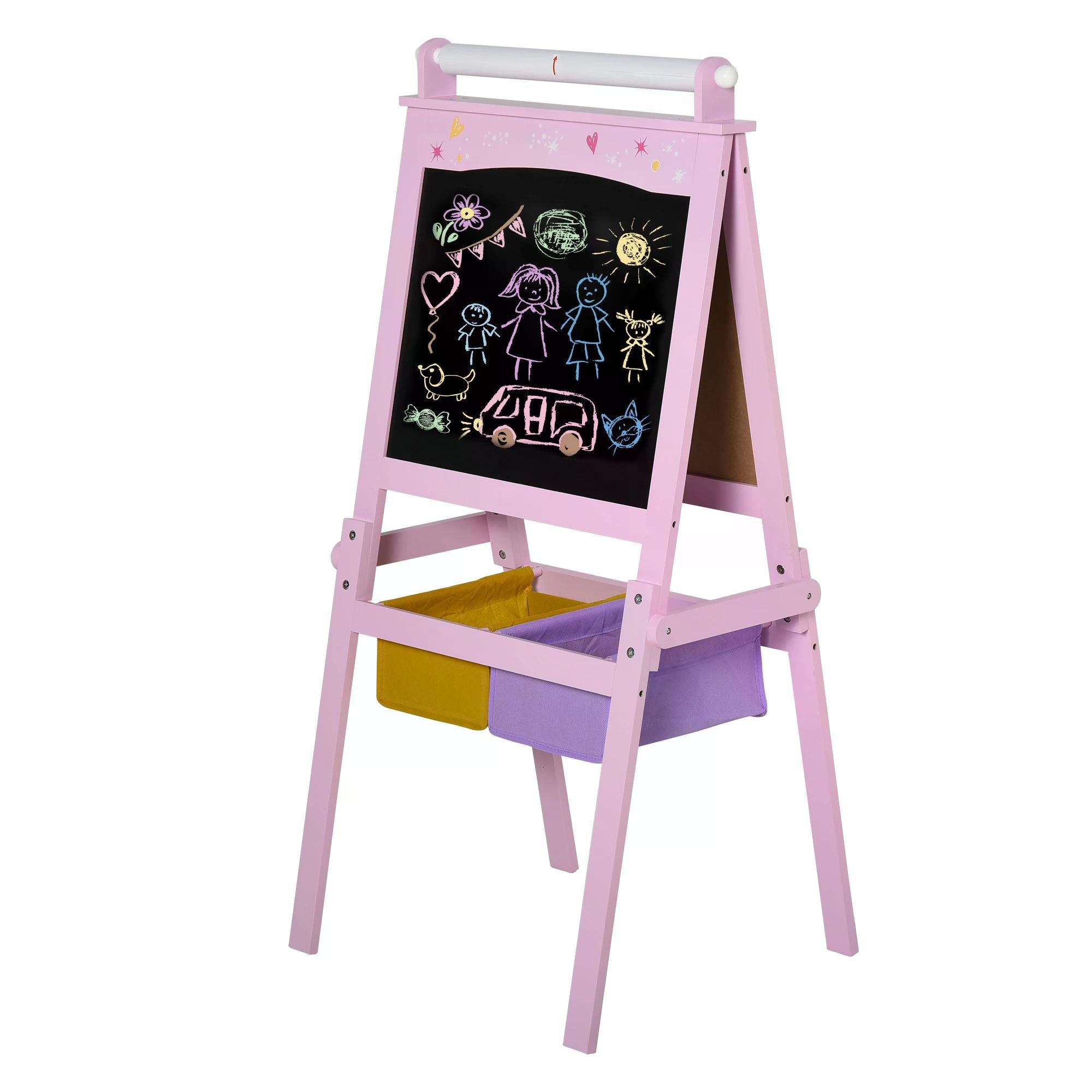 3 In 1 Kids Wooden Art Easel with Paper Roll Double-Sided Chalkboard & Whiteboard with Storage Baskets Gift for Toddler Girl Age 3 Years+ Pink