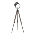 Industrial Tripod Floor Lamp with Vintage Spotlight and Wooden Legs E27 Base - Grey
