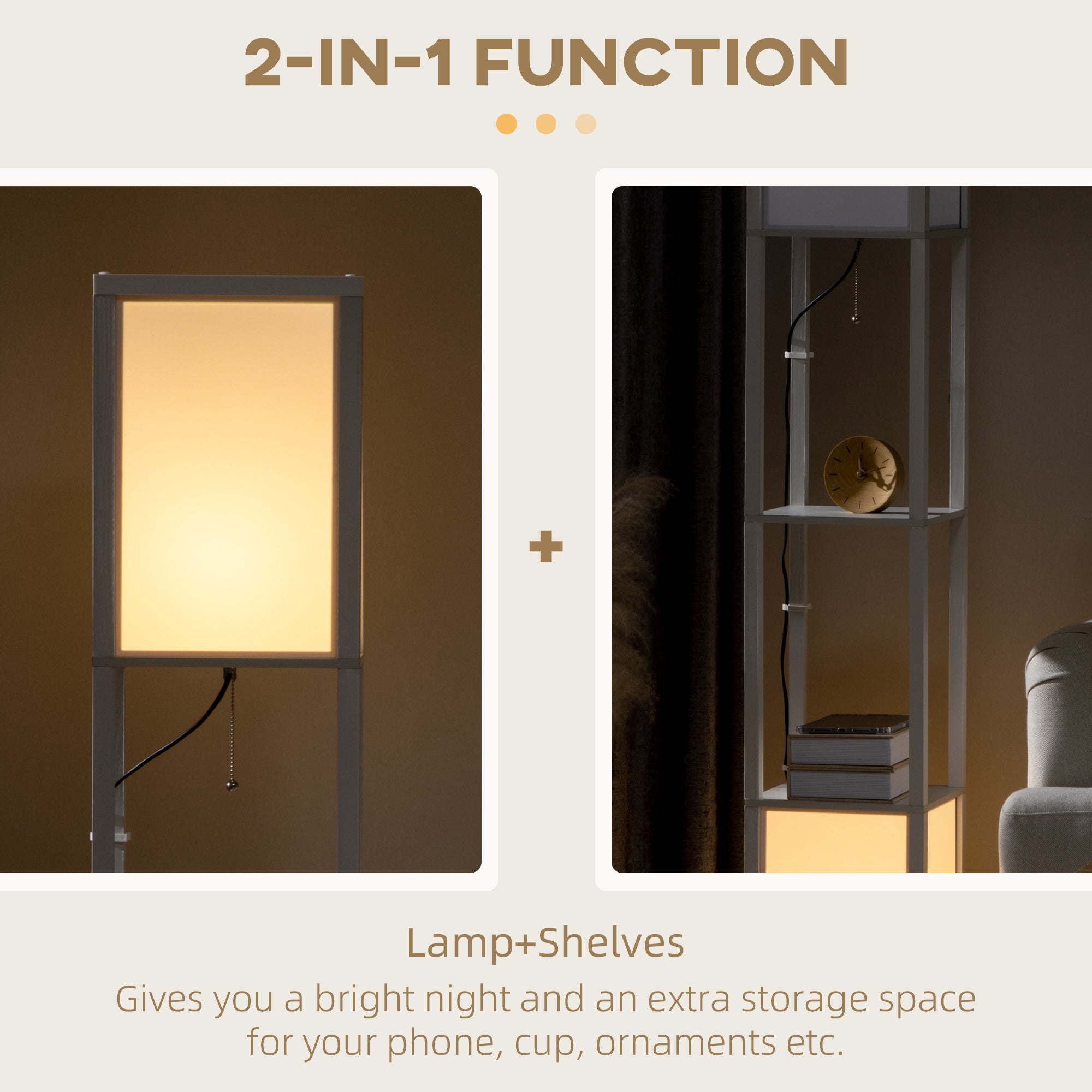 Modern Shelf Floor Lamp with Dual Ambient Light, Standing Lamp Living Room, Bedroom, 156cm, White