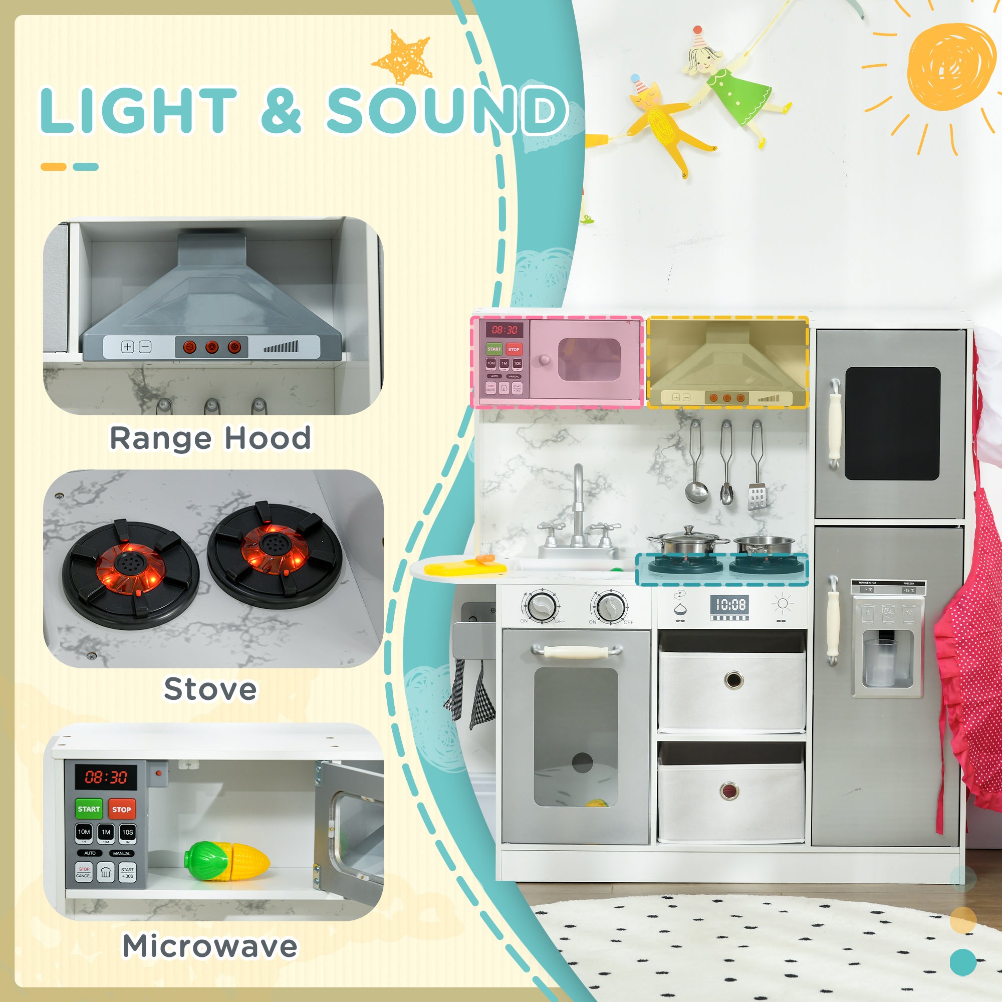 Toy Kitchen with Lights Sounds, Apron and Chef Hat, Ice Maker, Microwave, for 3-6 Years Old - White