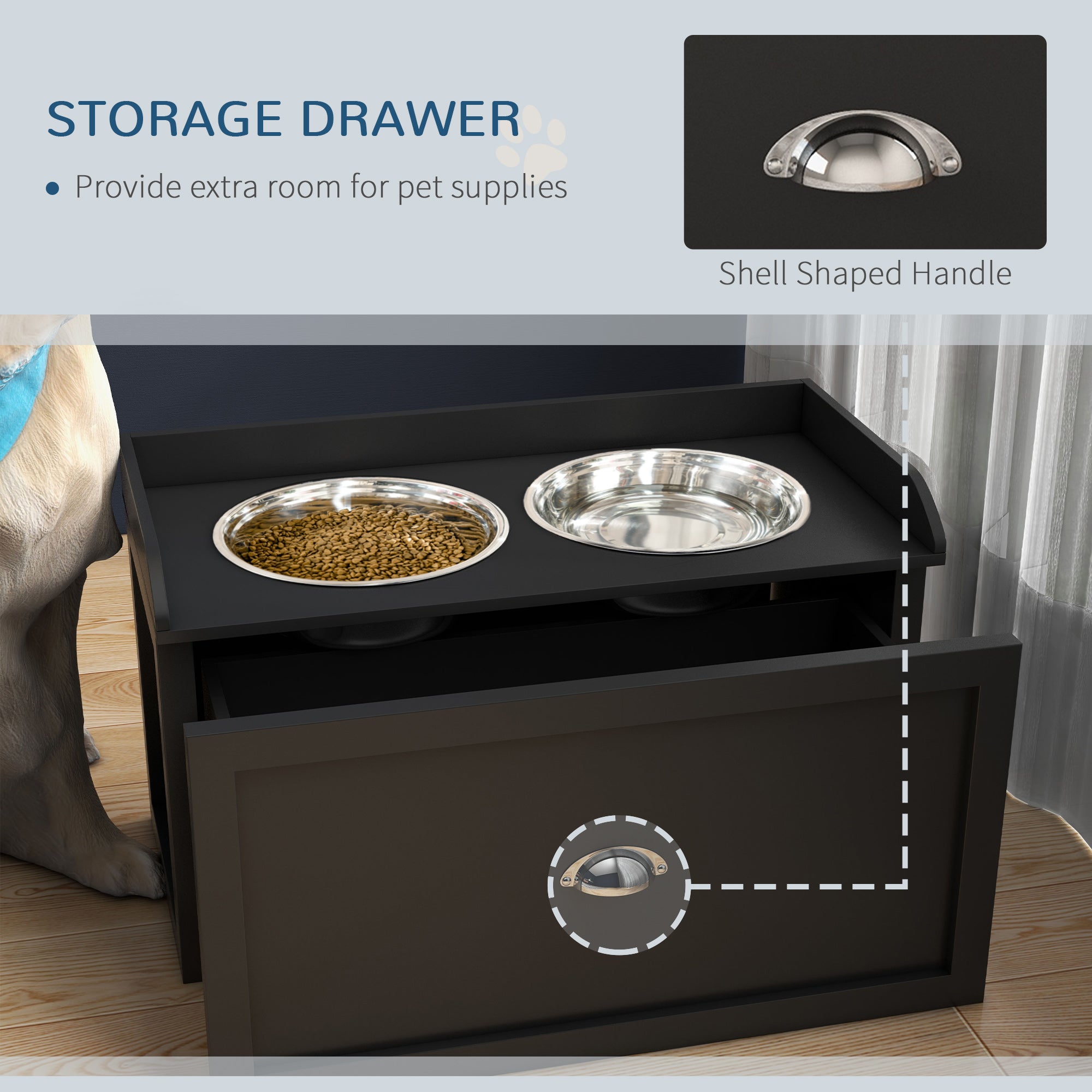 Raised Stainless Steel Dog Bowls with 21L Storage Drawer for Large Dogs and Cats - Black
