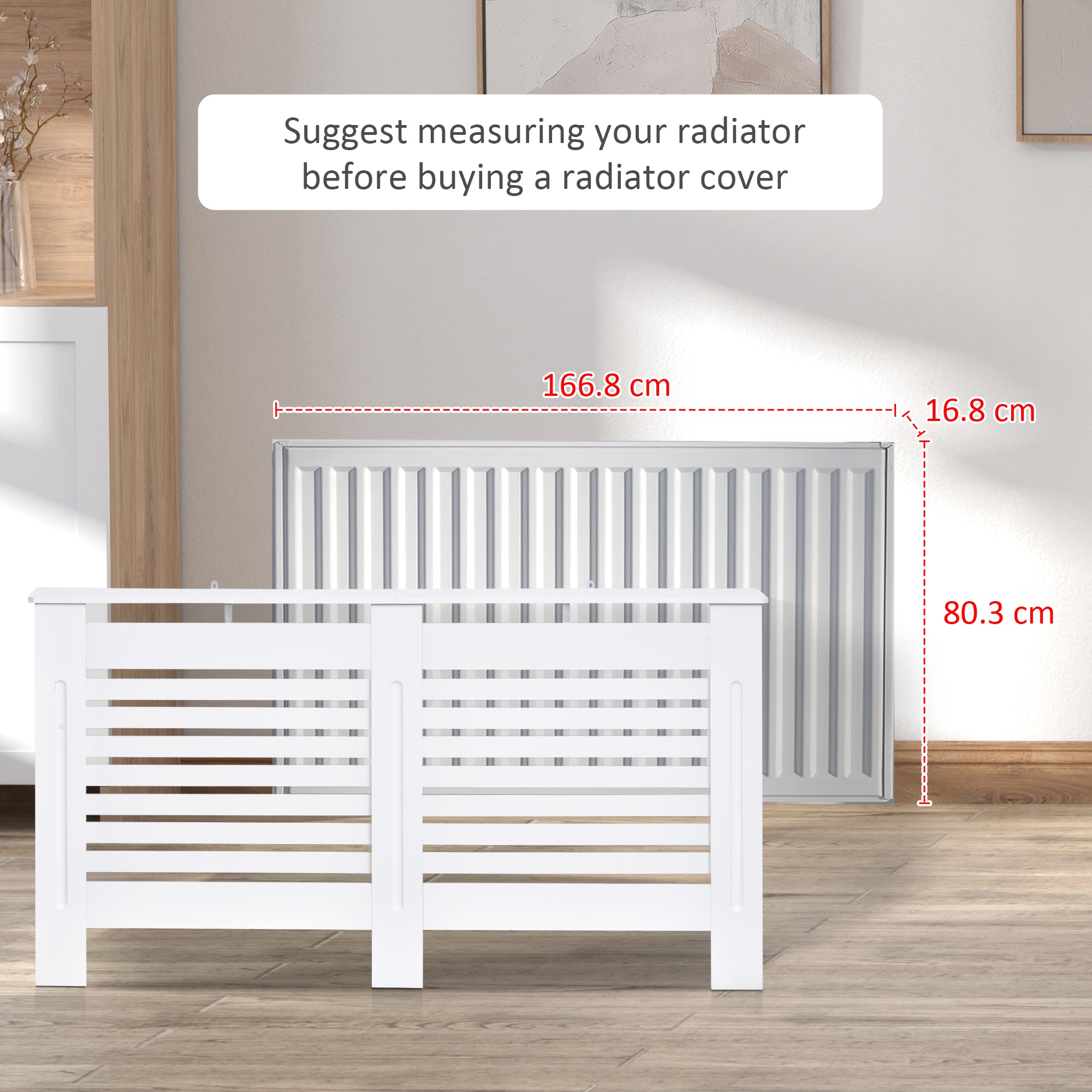 MDF White Painted Radiator Cover Slatted Cabinet Shelving Display Horizontal Style Modern Piece 172L x 19W x 81H cm