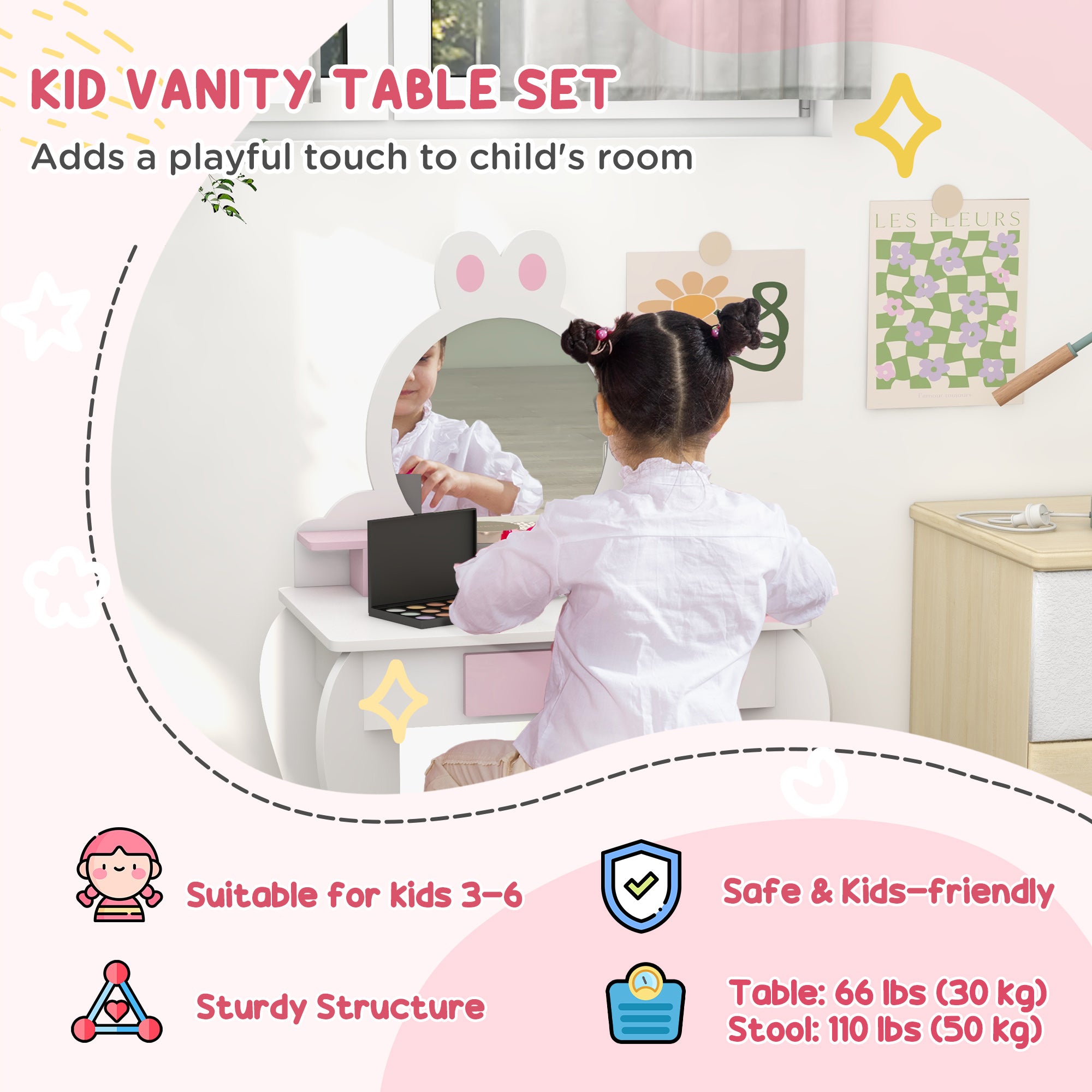 Wooden Kids Bedroom Furniture Set with Kids Dressing Table, Stool, Bed, for 3-6 Years, Bunny-Design