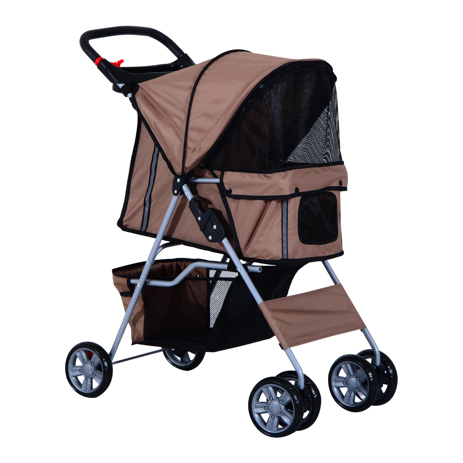 Dog Pram Pet Stroller Foldable Dog Pushchair with Wheels Zipper Entry Cup Holder Storage Basket Brown