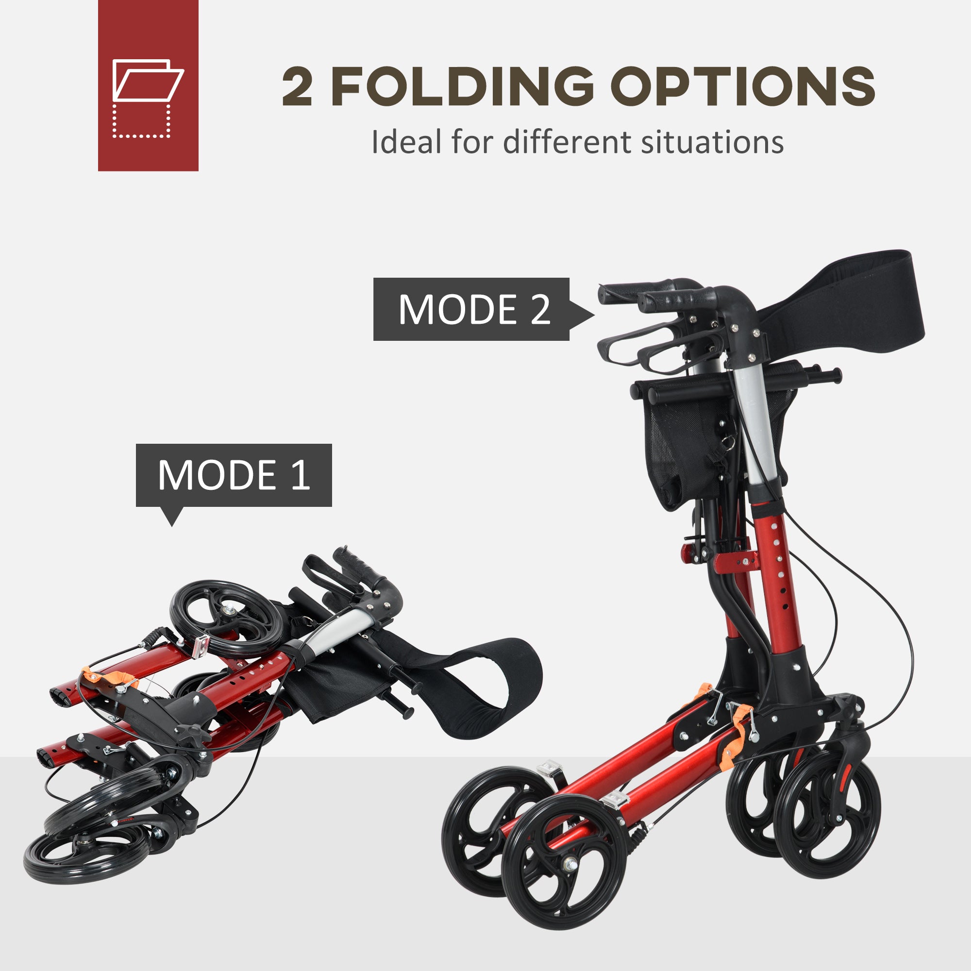 Folding Rollator Walker w/ Seat & Backrest, Lightweight Walking Frame w/ Adjustable Handle Height, 4 Wheeled Walker, Red