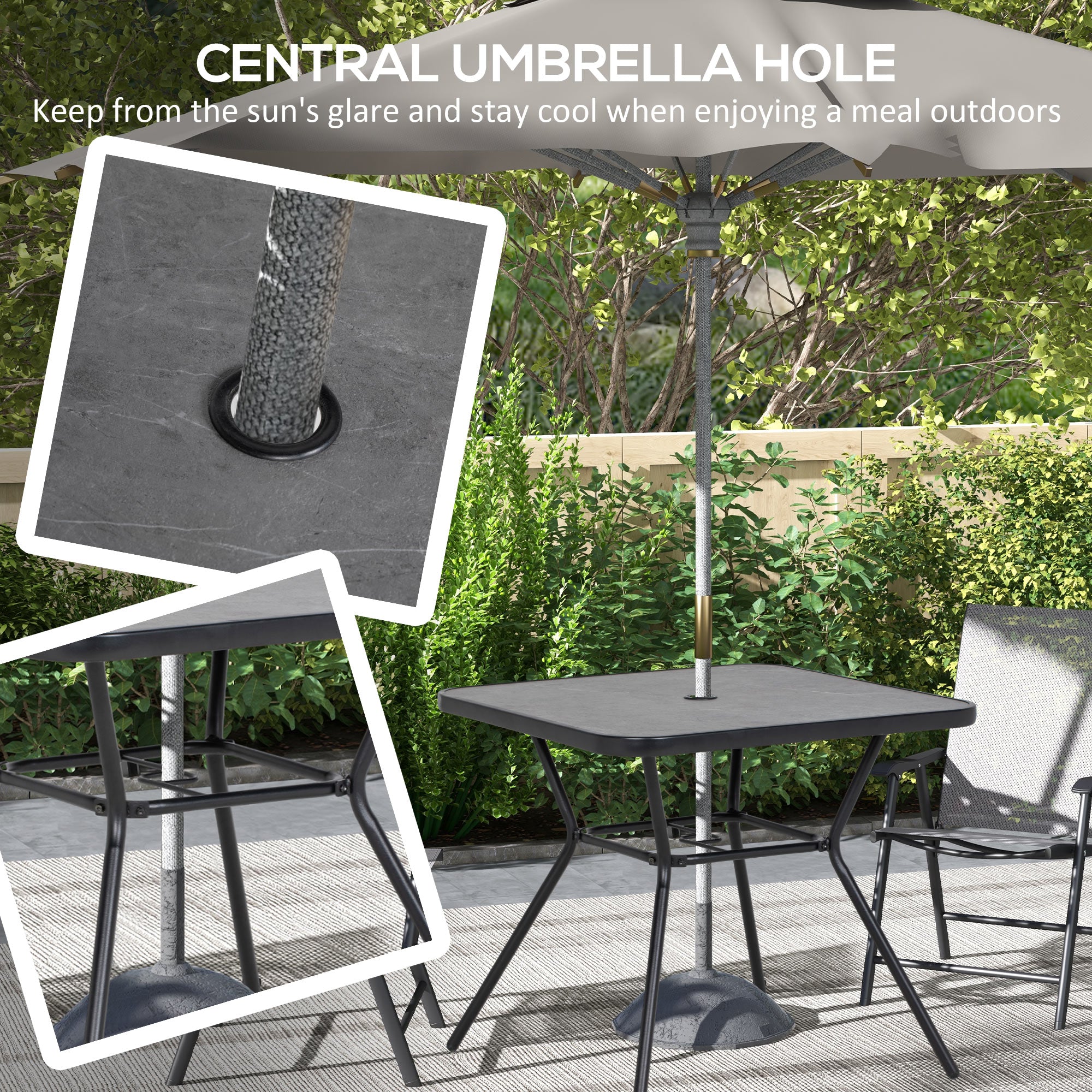 Square Outdoor Table, Patio Bistro Coffee Table with Faux-marbled Top and 42mm Umbrella Hole for Garden