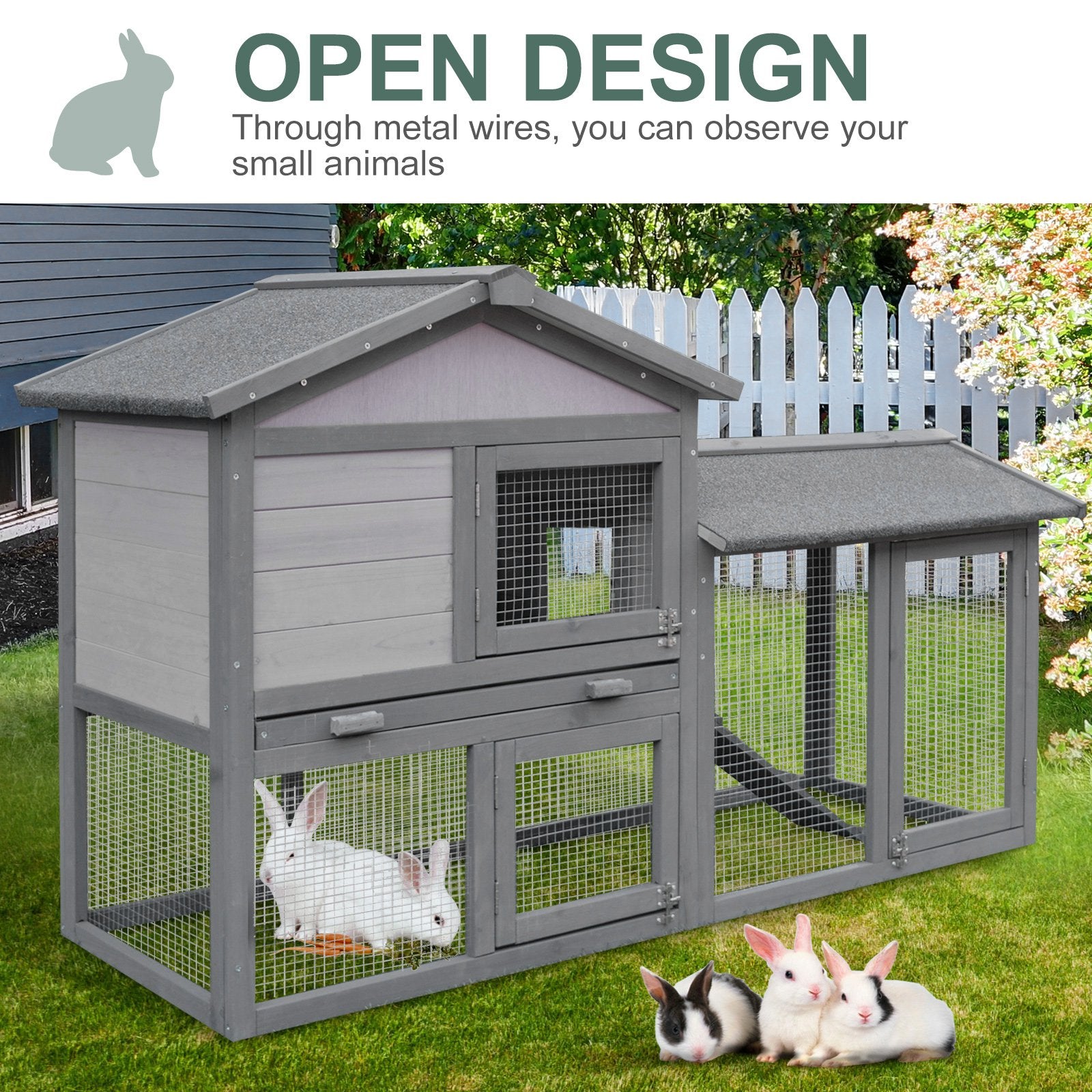 Small Animal Two-Level Fir Wood Hutch with Ramp - Burnt Yellow