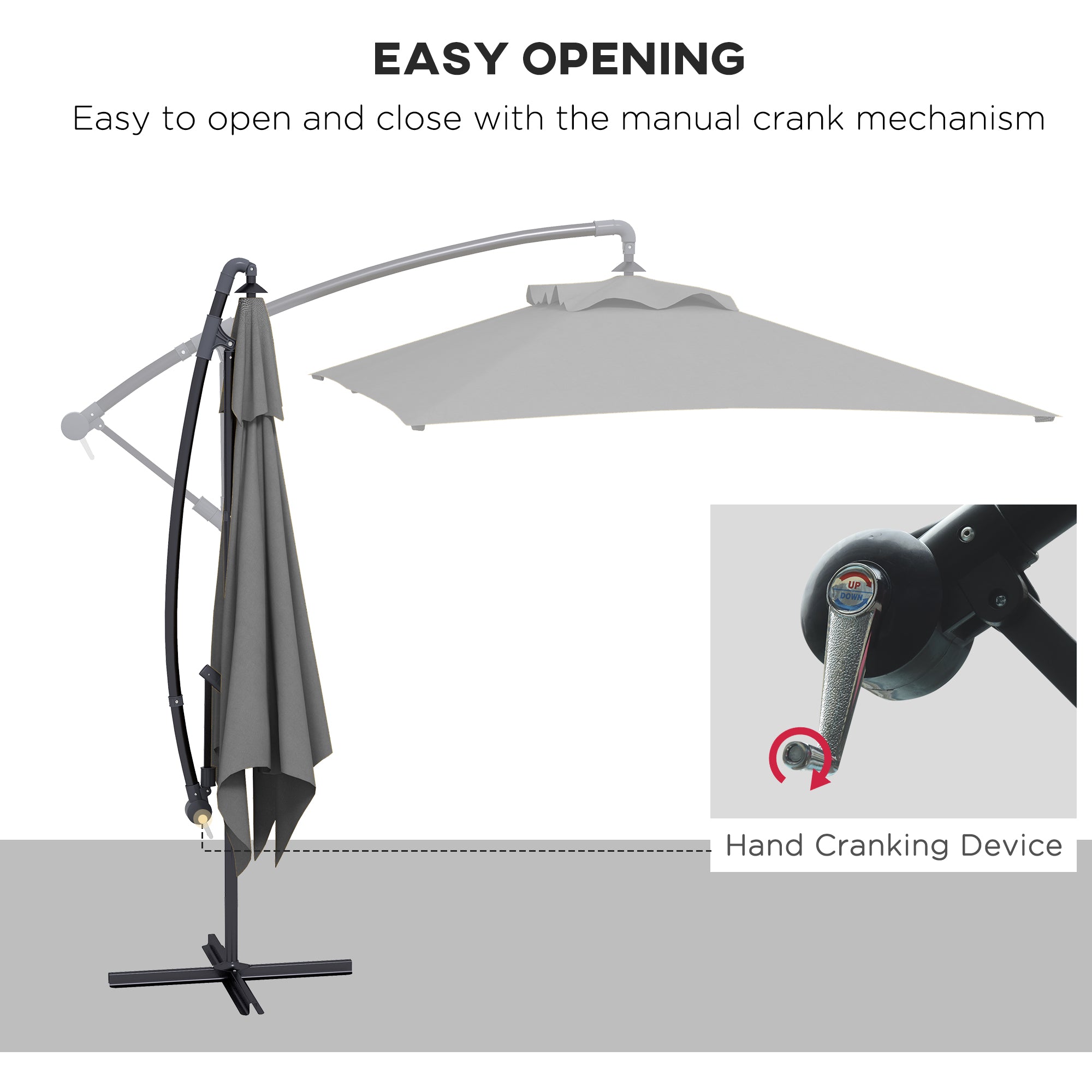3x2m Rectangular Cantilever Parasol with Crank Handle and Cross Base - Grey