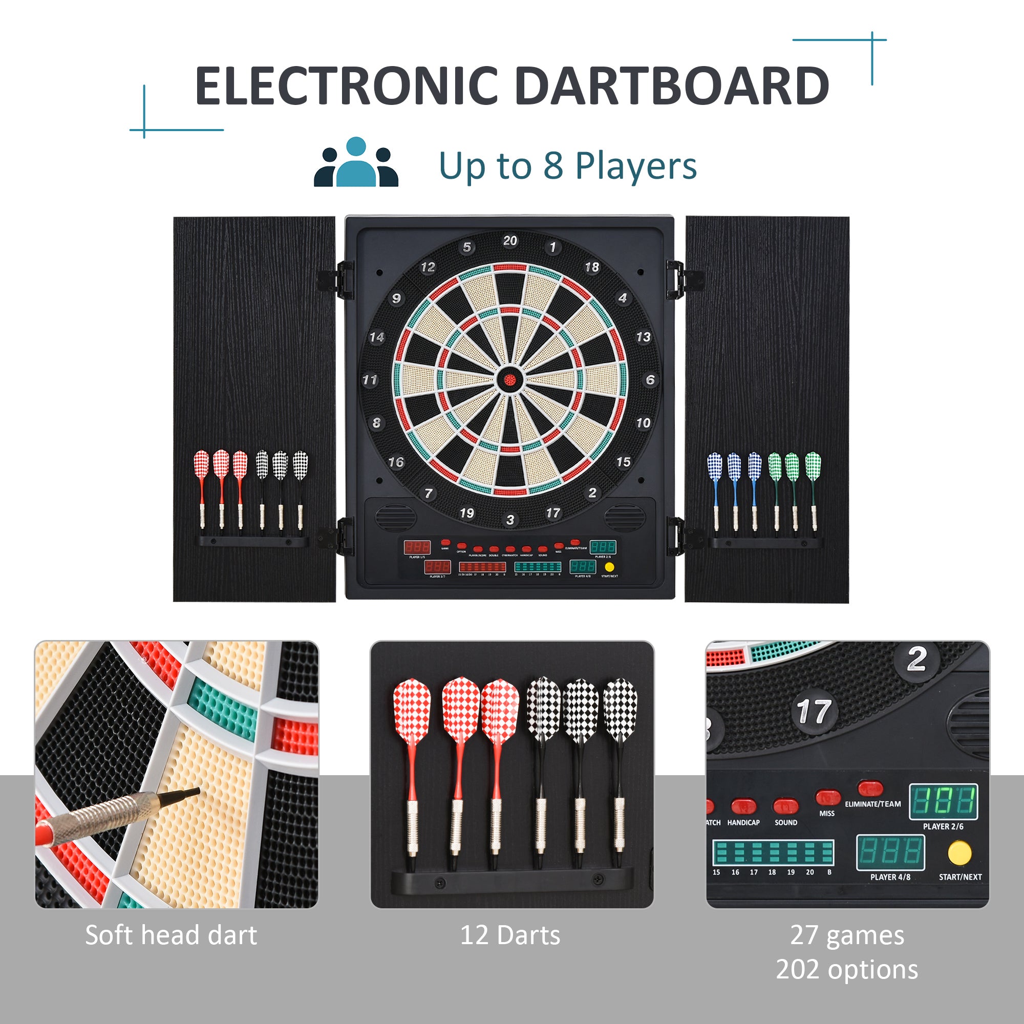 Electronic Dartboard In Case LED Scoreboard w/ 12 Darts 30 Heads Side Storage Cabinet Classic Game Family Fun Game Black White