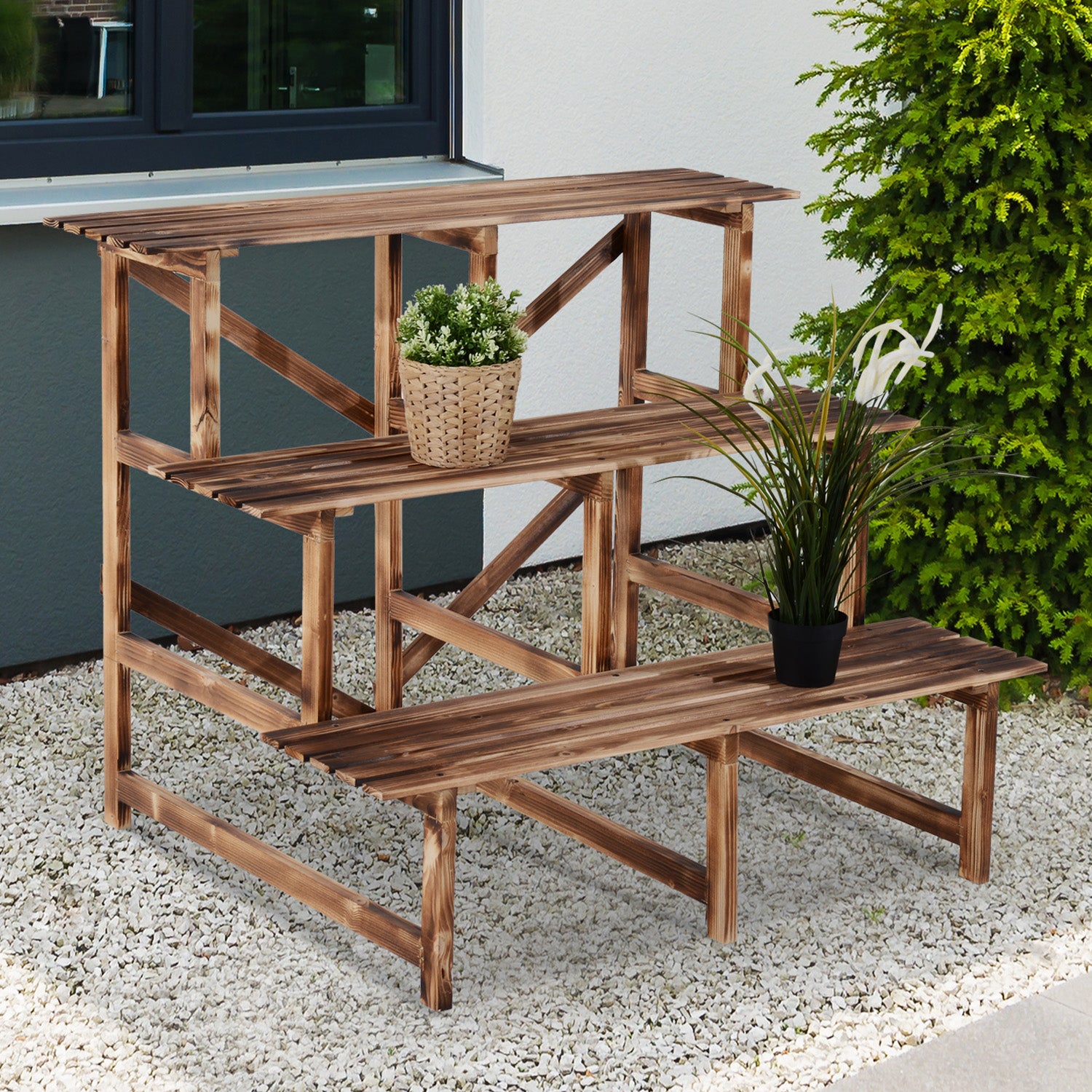 3 Tier Flower Stand Wood Planter Ladder Display Shelf Rack for Garden Outdoor Backyard 100Lx80Wx80H(cm)