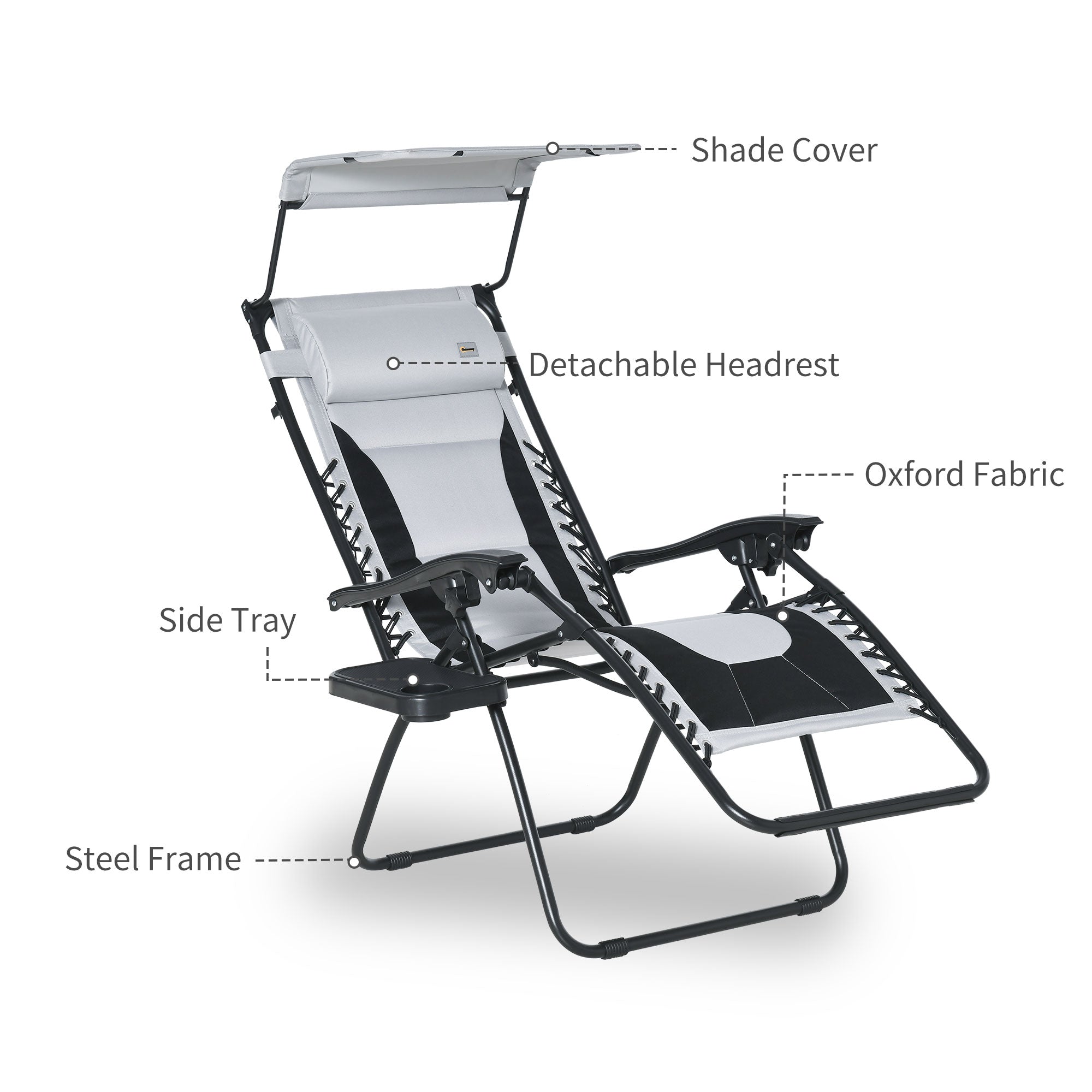 Zero Gravity Lounger Chair, Folding Reclining Patio Chair with Shade Cover, Cup Holder and Headrest for Poolside, Camping, Grey