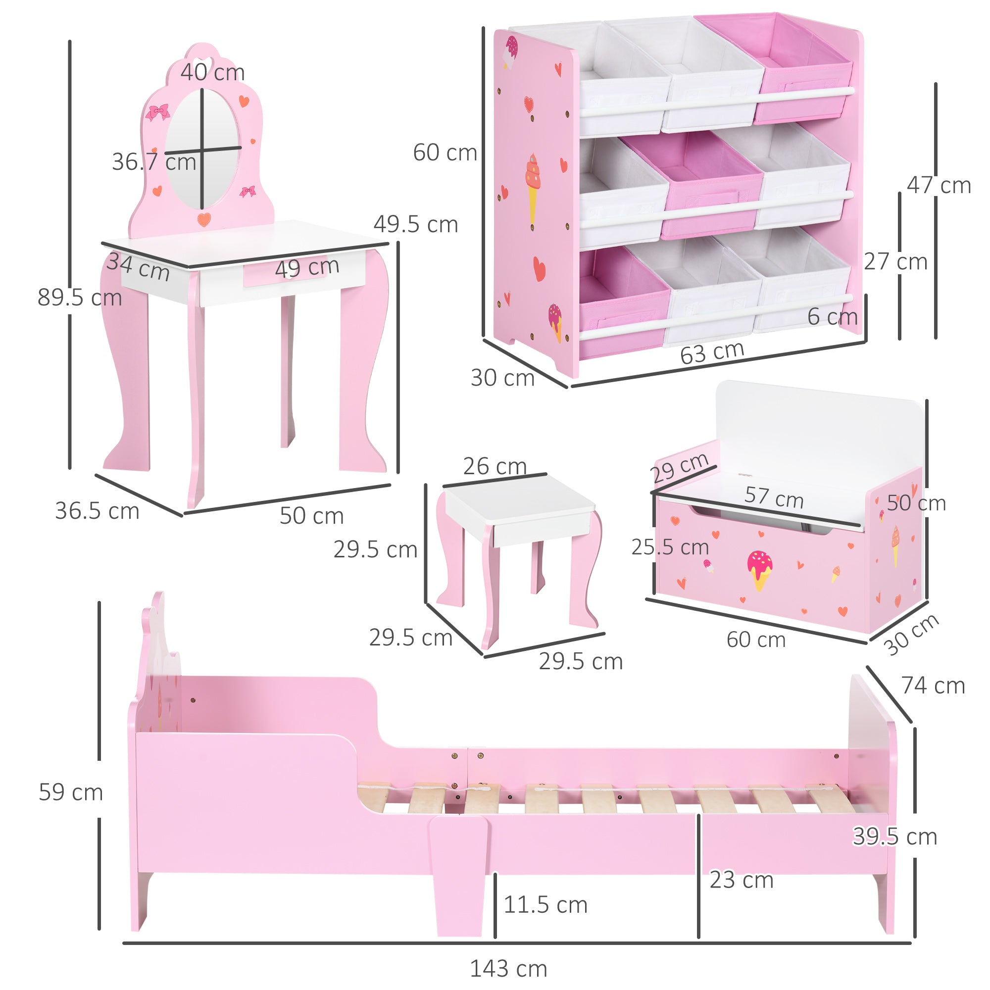 5PCs Kids Bedroom Furniture Set with Bed, Toy Box Bench, Storage Unit, Dressing Table and Stool, Princess Themed, for 3-6 Years Old, Pink